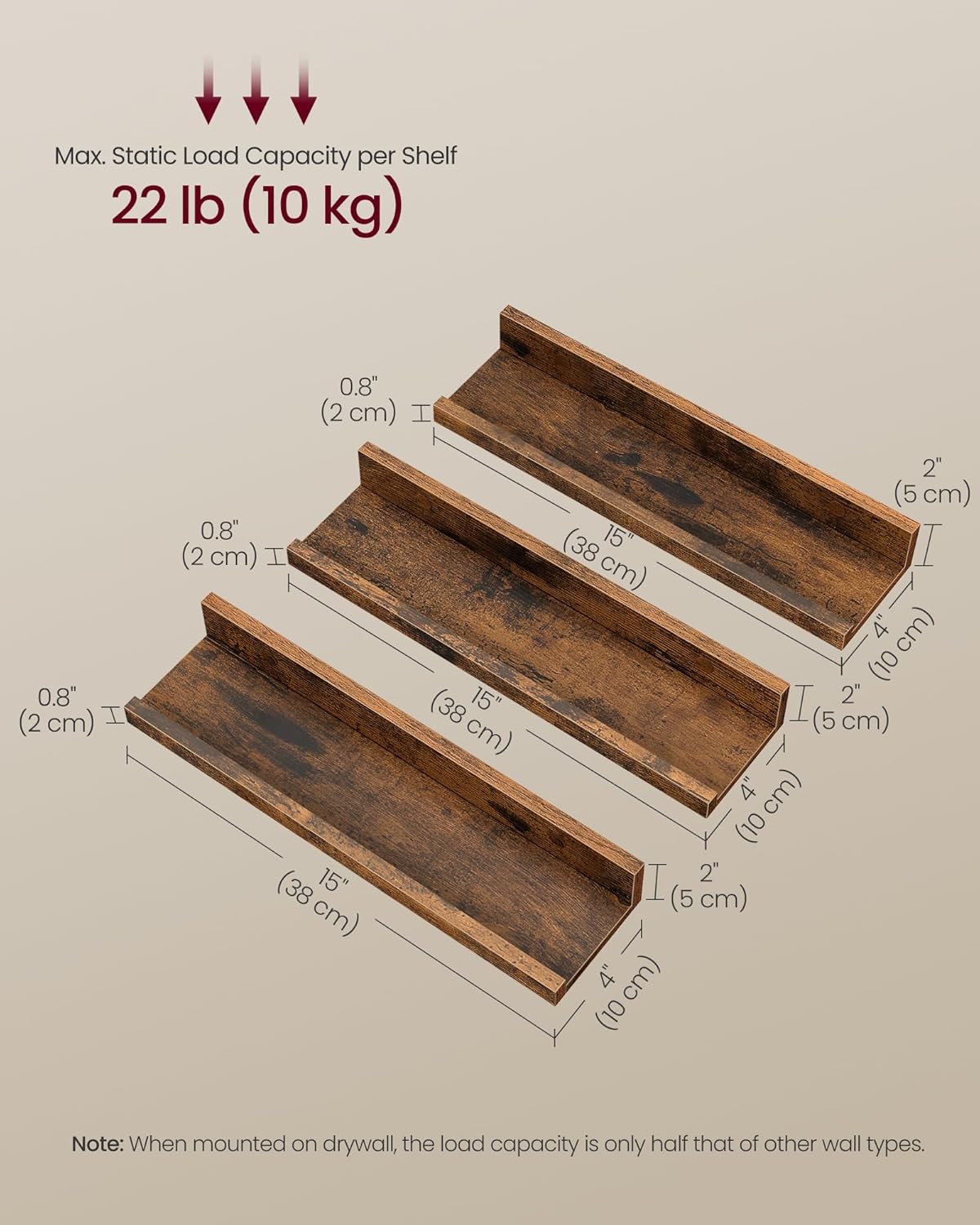 VASAGLE 3 darabos lebegő fali polc szett, megemelt elülső peremmel, 38x10x5 cm, rusztikus barna - Image 9
