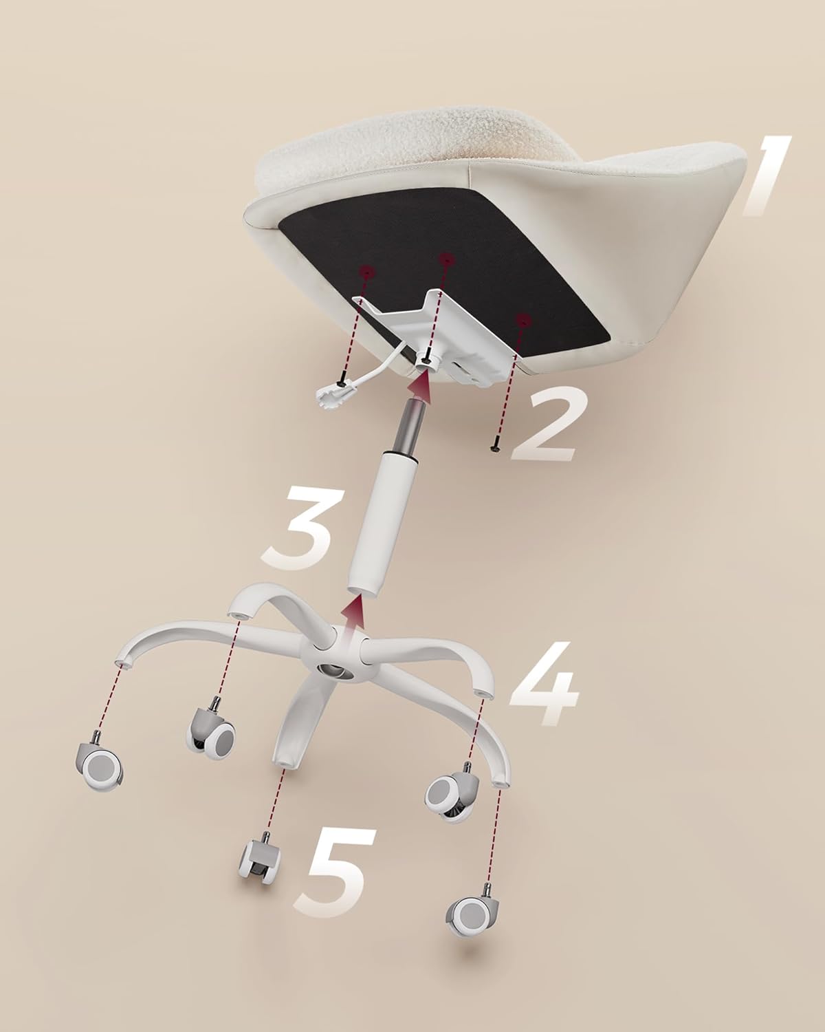 SONGMICS Scaun de birou tapitat tip sherpa, reglabil pe inaltime, rotativ, 60x60x90 cm, bej/alb - Image 2
