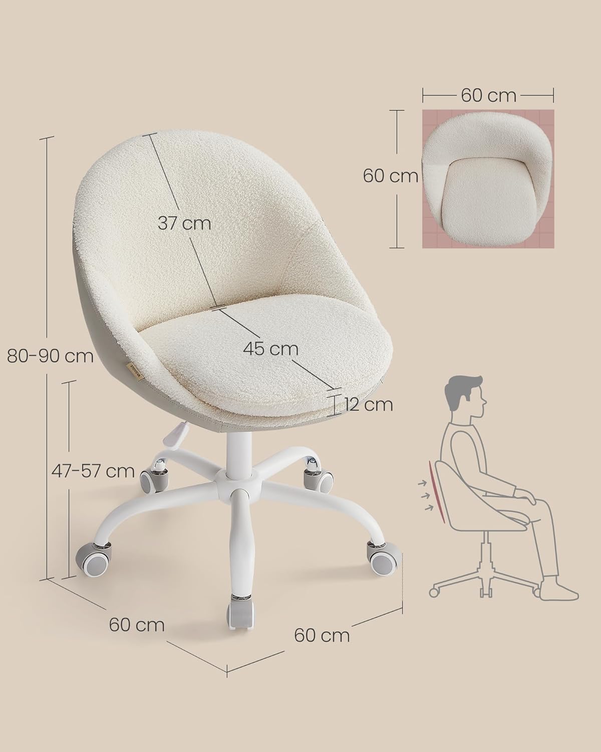 SONGMICS Scaun de birou tapitat tip sherpa, reglabil pe inaltime, rotativ, 60x60x90 cm, bej/alb - Image 4