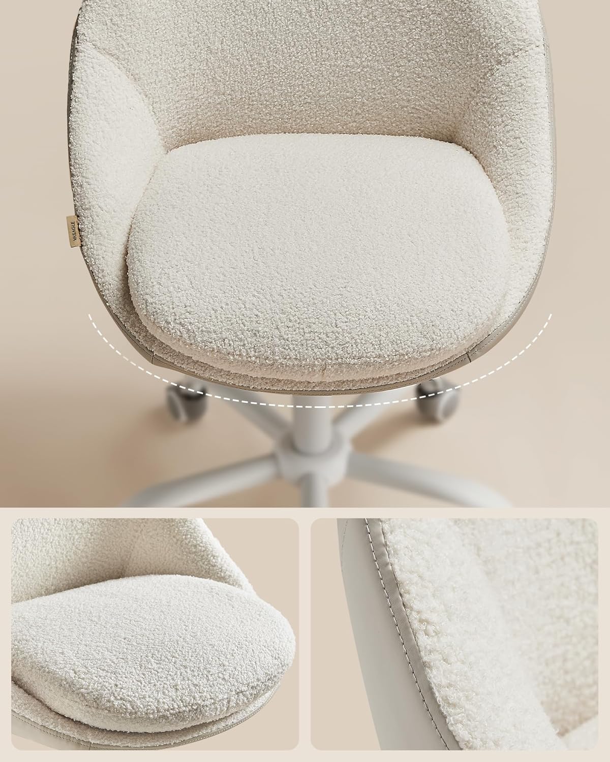 SONGMICS Scaun de birou tapitat tip sherpa, reglabil pe inaltime, rotativ, 60x60x90 cm, bej/alb - Image 9
