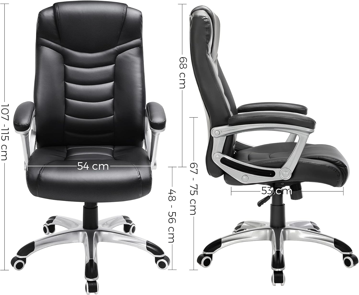SONGMICS Ergonomikus irodai szék állítható magassággal, műbőr kárpitozással, legfeljebb 150 kg teherbírással, 53 × 54 × 115 cm, fekete - Image 3