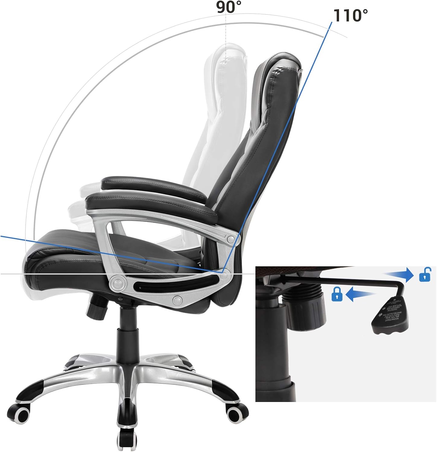 SONGMICS Ergonomikus irodai szék állítható magassággal, műbőr kárpitozással, legfeljebb 150 kg teherbírással, 53 × 54 × 115 cm, fekete - Image 5