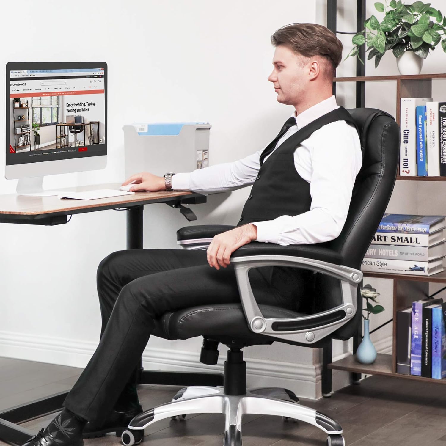 SONGMICS Ergonomikus irodai szék állítható magassággal, műbőr kárpitozással, legfeljebb 150 kg teherbírással, 53 × 54 × 115 cm, fekete - Image 6