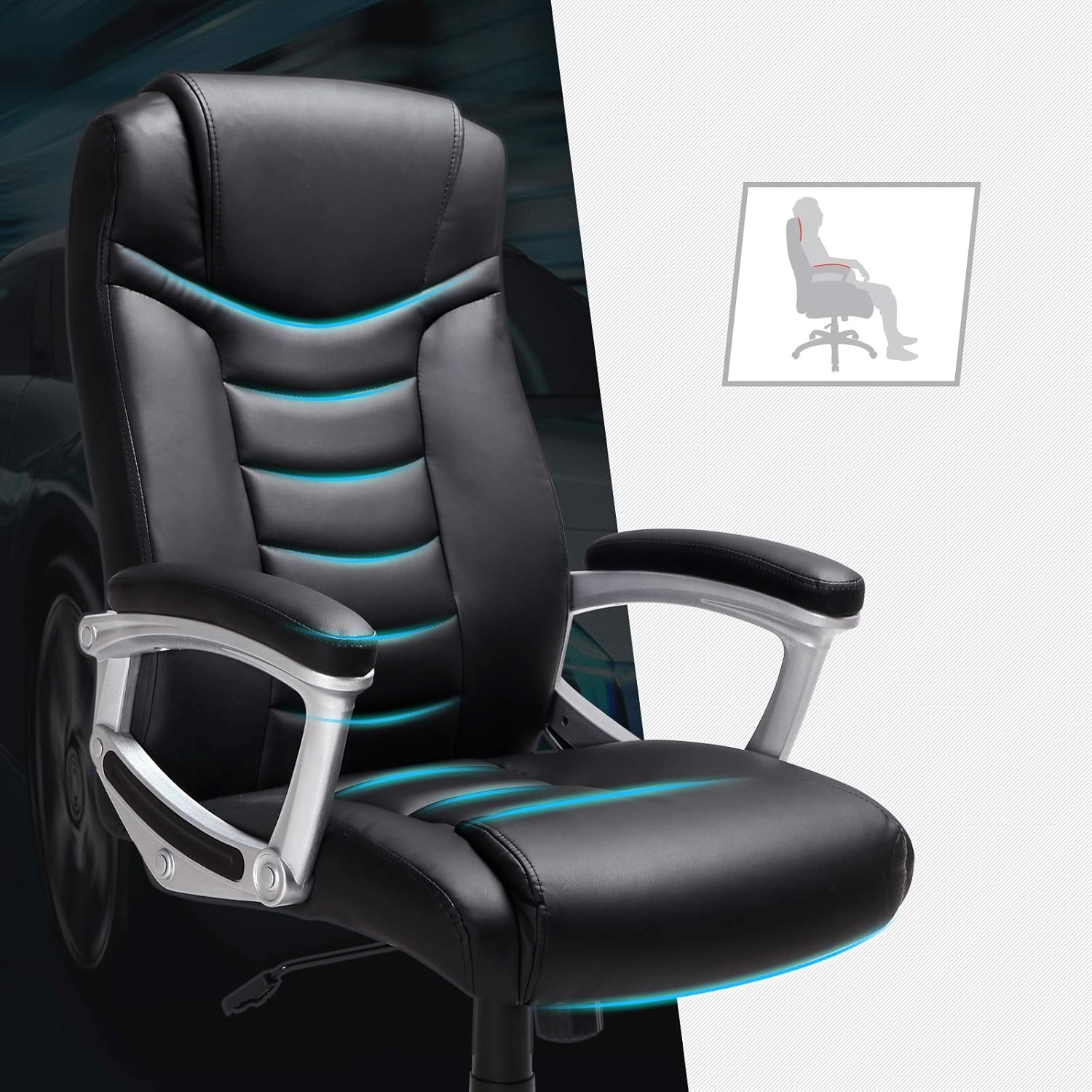 SONGMICS Ergonomikus irodai szék állítható magassággal, műbőr kárpitozással, legfeljebb 150 kg teherbírással, 53 × 54 × 115 cm, fekete - Image 10