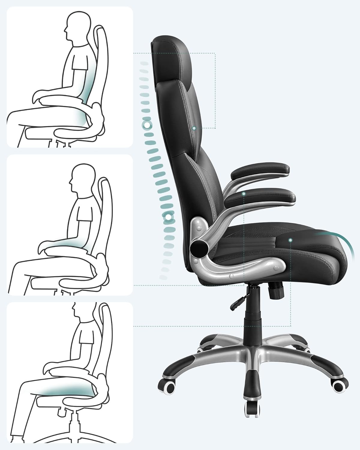 SONGMICS Ergonomikus irodai szék lehajtható karfákkal, magasságállítható, állítható fejtámlával, 70x70x137 cm, fekete - Image 2