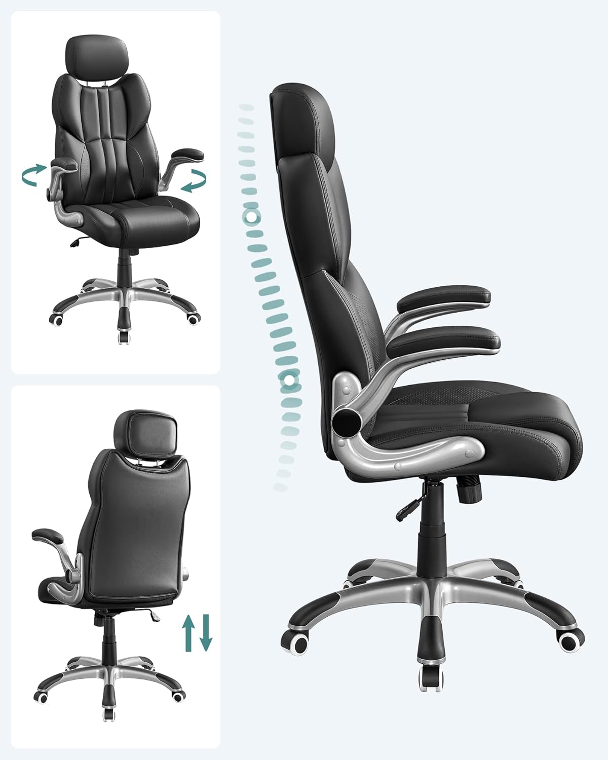 SONGMICS Ergonomikus irodai szék lehajtható karfákkal, magasságállítható, állítható fejtámlával, 70x70x137 cm, fekete - Image 4