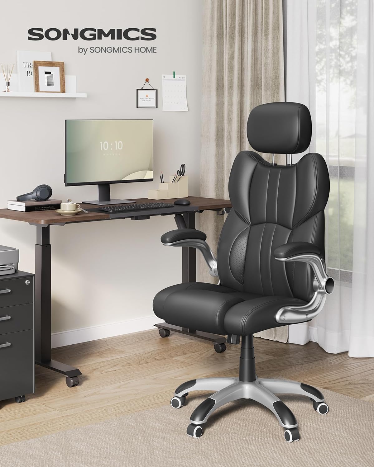 SONGMICS Ergonomikus irodai szék lehajtható karfákkal, magasságállítható, állítható fejtámlával, 70x70x137 cm, fekete - Image 6