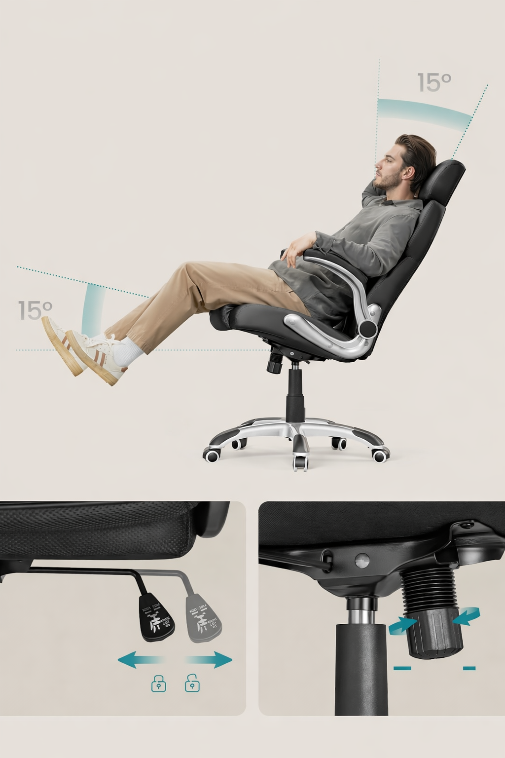 SONGMICS Ergonomikus irodai szék lehajtható karfákkal, magasságállítható, állítható fejtámlával, 70x70x137 cm, fekete - Image 8