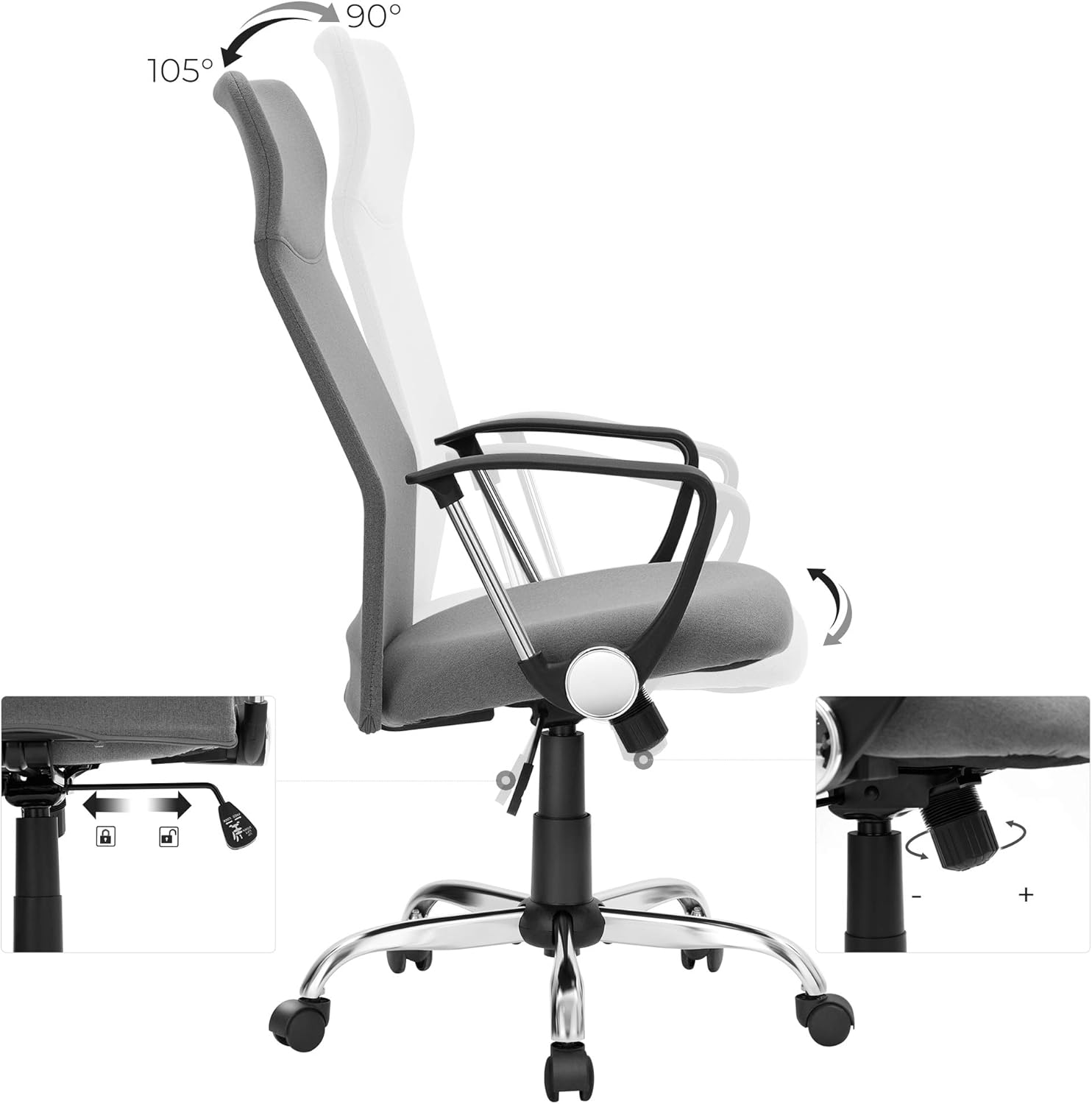 SONGMICS ergonomikus irodai szék, állítható magassággal, 63x63x120 cm, szürke - Image 2