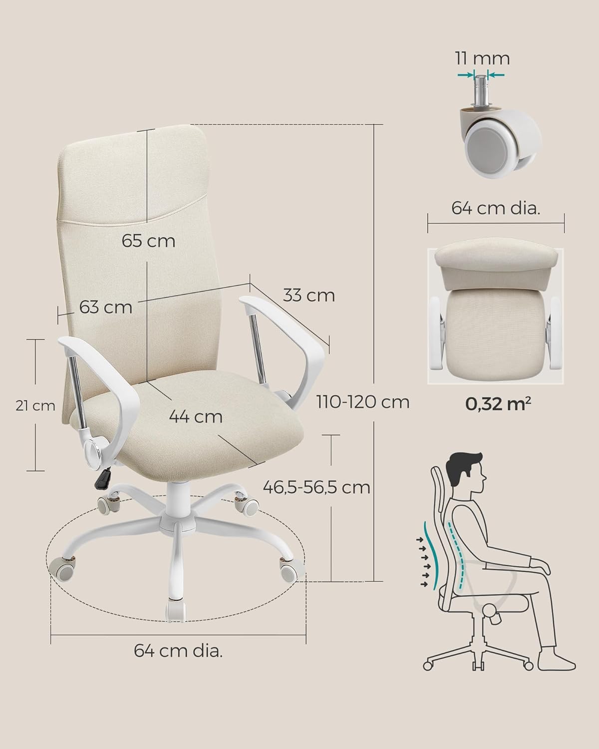 SONGMICS ergonomikus irodai szék, állítható magassággal, hintafunkcióval, 64x64x120 cm, bézs - Image 5