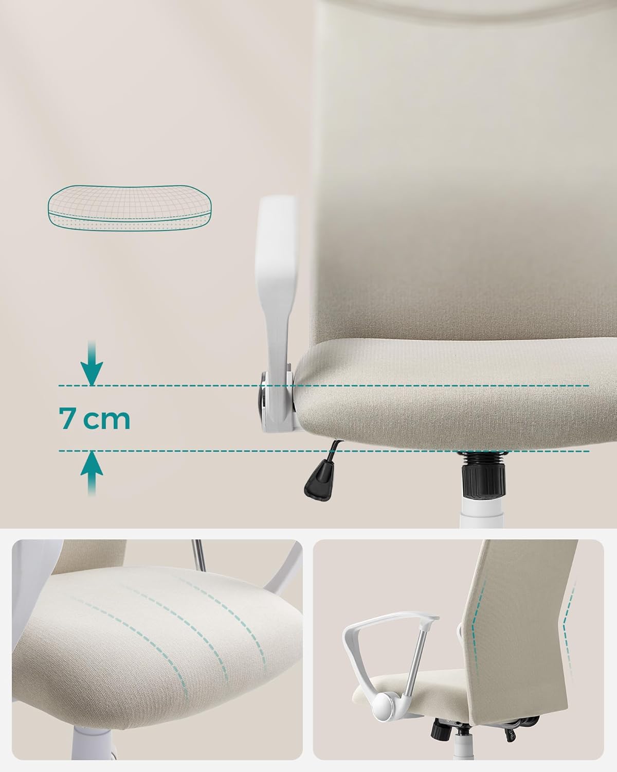 SONGMICS ergonomikus irodai szék, állítható magassággal, hintafunkcióval, 64x64x120 cm, bézs - Image 6