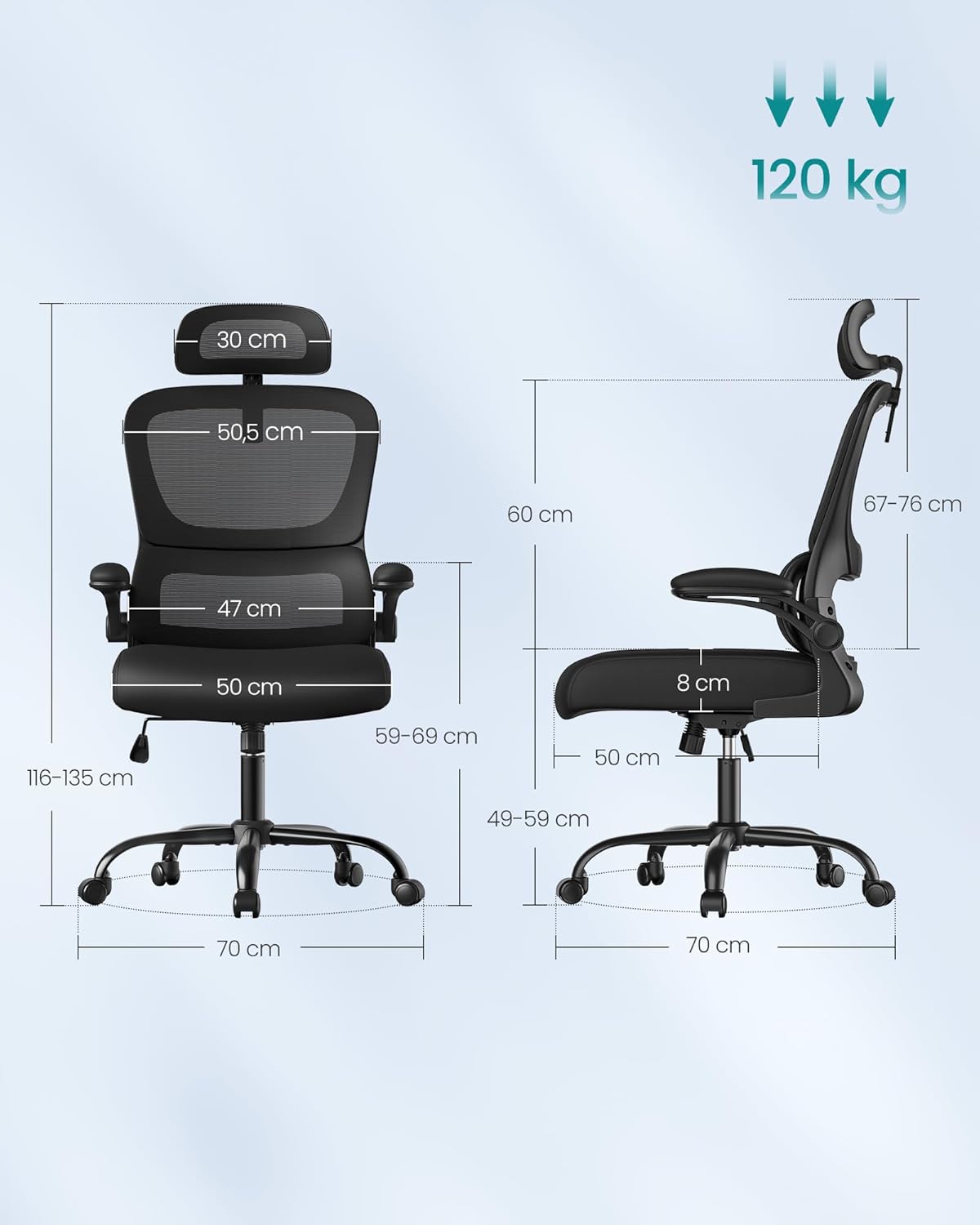 SONGMICS ergonomikus irodai szék hálós háttámlával, állítható deréktámasszal, fejtámlával, felhajtható karfákkal, 70x70x135 cm, fekete - Image 2