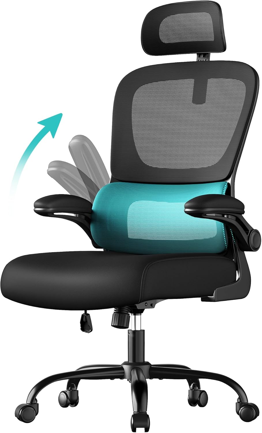 SONGMICS ergonomikus irodai szék hálós háttámlával, állítható deréktámasszal, fejtámlával, felhajtható karfákkal, 70x70x135 cm, fekete - Image 5