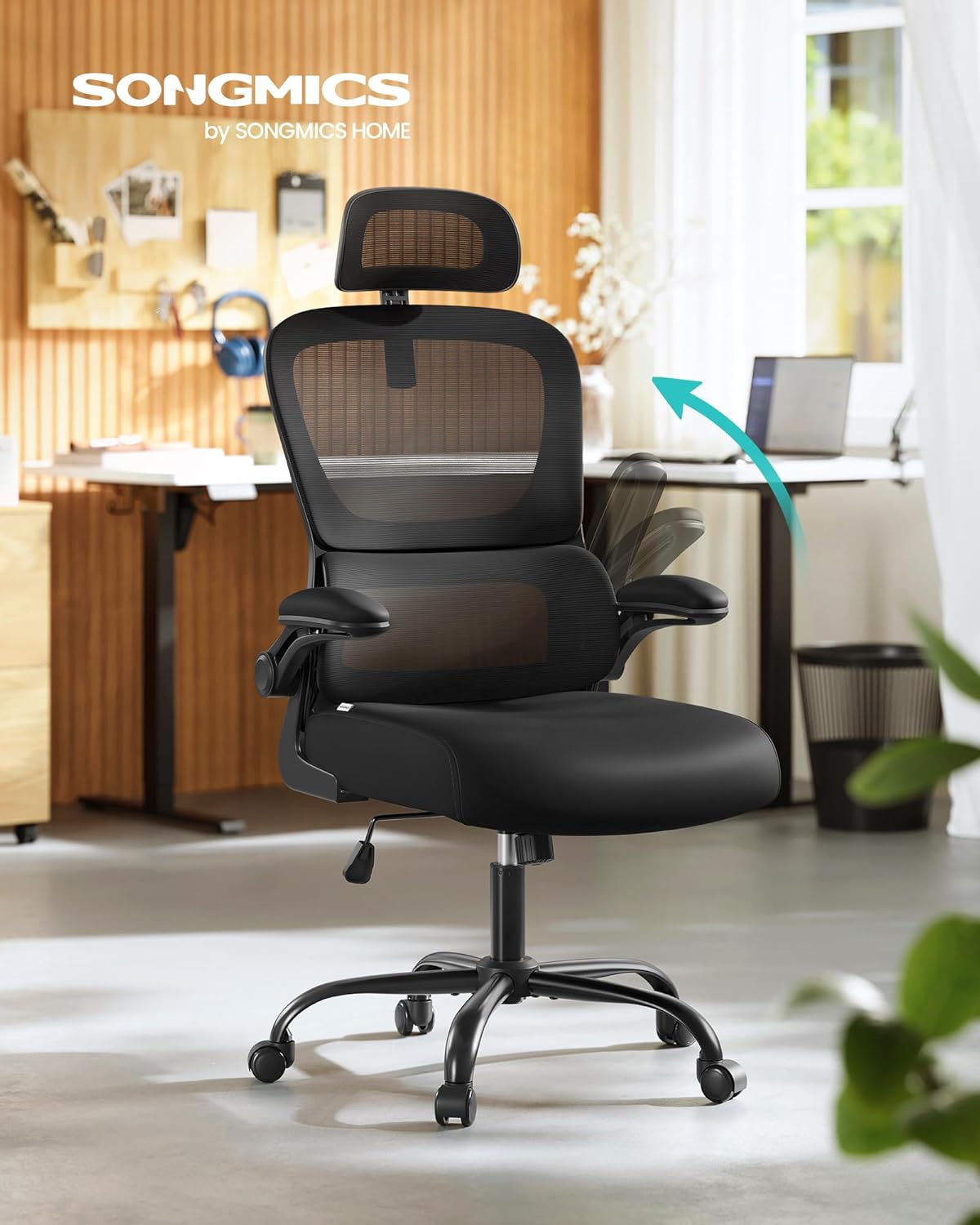 SONGMICS ergonomikus irodai szék hálós háttámlával, állítható deréktámasszal, fejtámlával, felhajtható karfákkal, 70x70x135 cm, fekete - Image 6