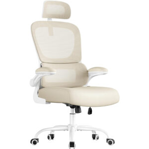 SONGMICS ergonomikus irodai szék hálós háttámlával, dinamikus deréktámasszal, állítható fejtámlával, 70x70x135 cm, bézs