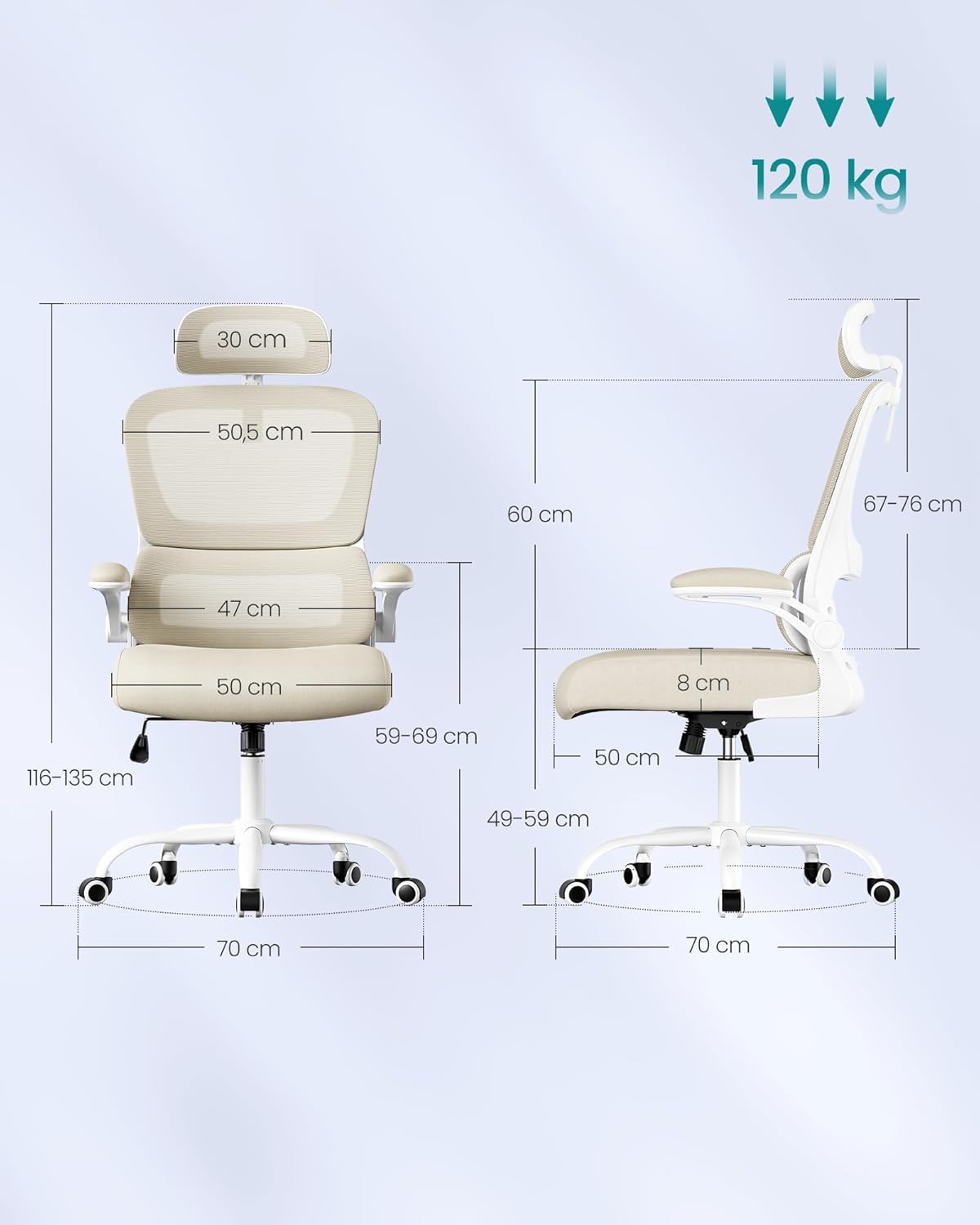 SONGMICS ergonomikus irodai szék hálós háttámlával, dinamikus deréktámasszal, állítható fejtámlával, 70x70x135 cm, bézs - Image 2