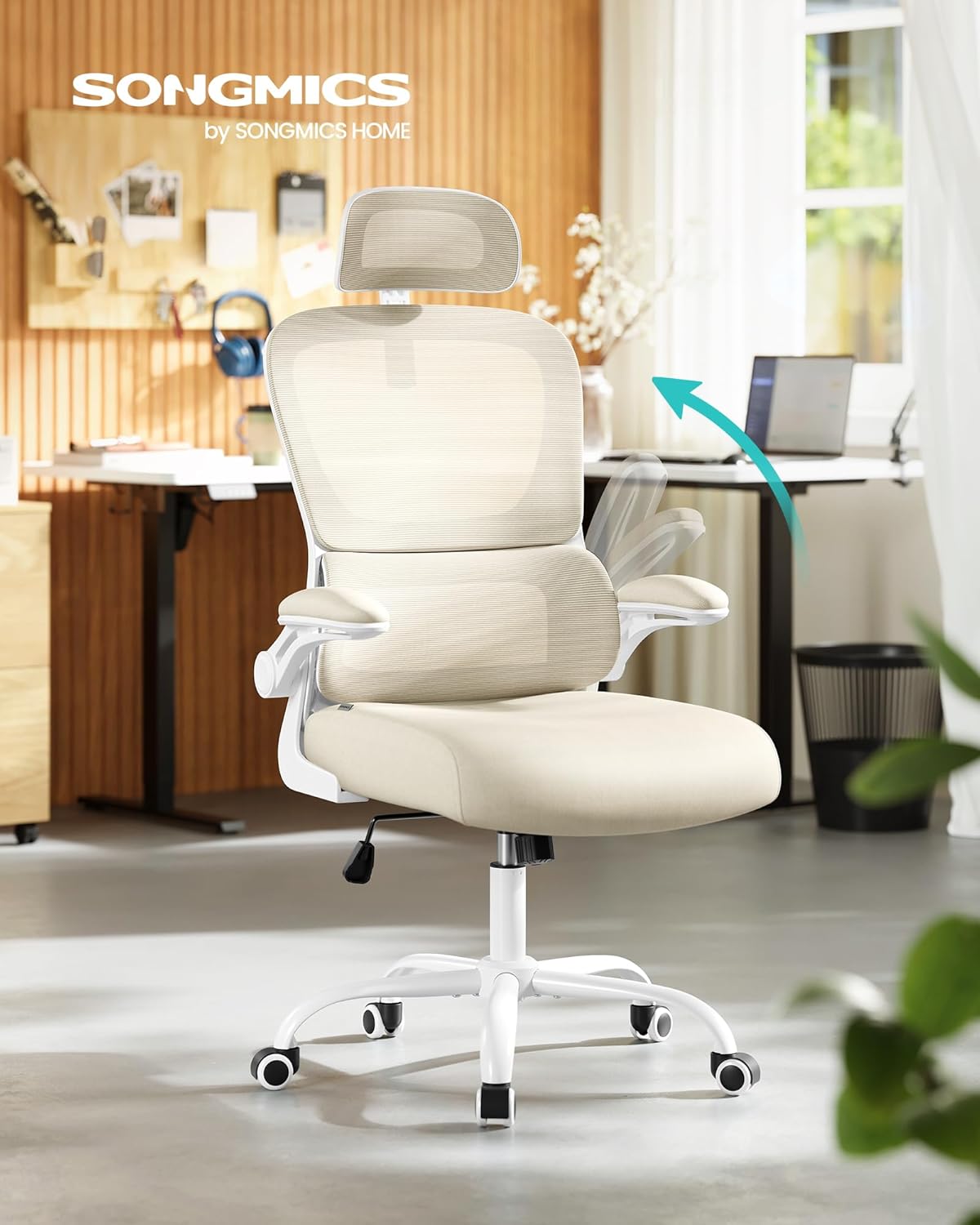 SONGMICS ergonomikus irodai szék hálós háttámlával, dinamikus deréktámasszal, állítható fejtámlával, 70x70x135 cm, bézs - Image 5