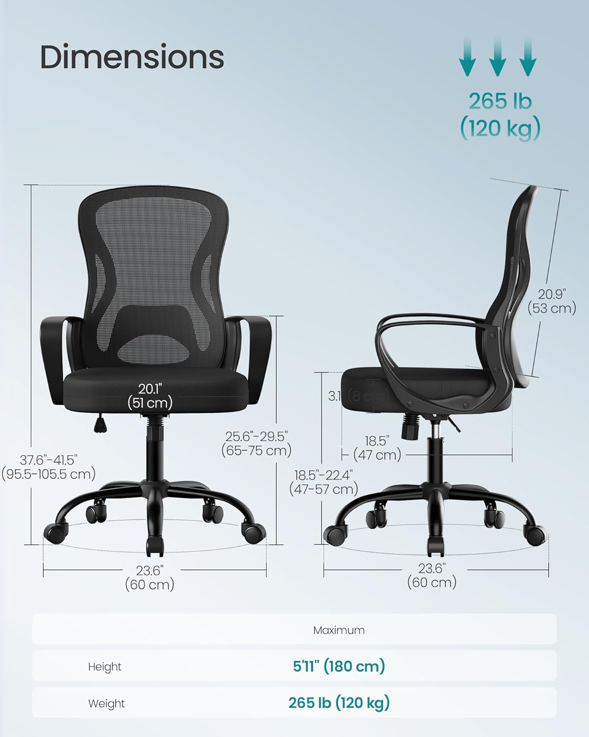 SONGMICS Ergonomikus irodai szék, hálós háttámlával és deréktámasztékkal, magasságállítható, fémvázas, 60x60x106 cm, fekete - Image 3