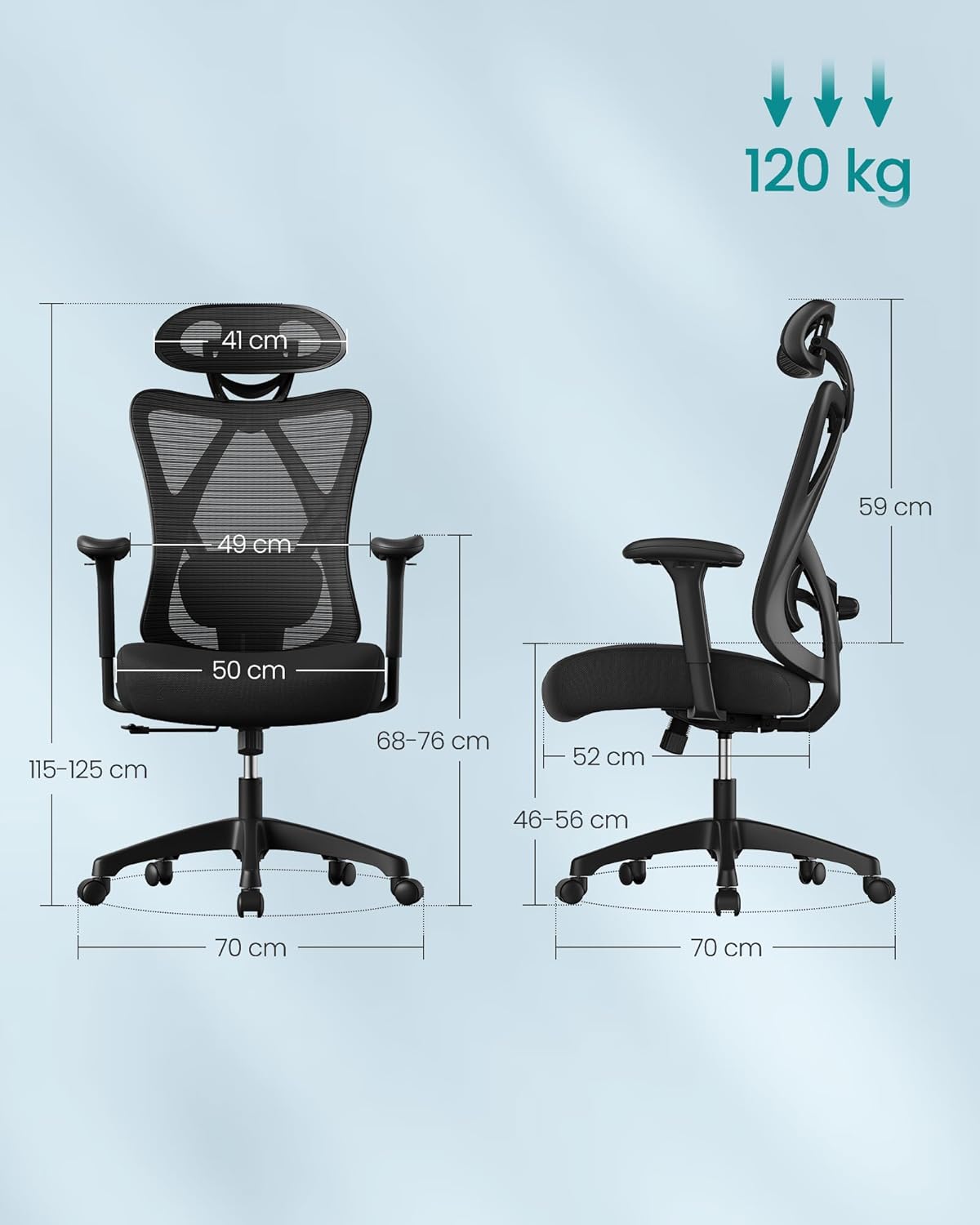 SONGMICS Ergonomikus irodai szék állítható deréktámasszal és fejtámlával, legfeljebb 120 kg teherbírással, 70 × 70 × 125 cm, fekete - Image 3