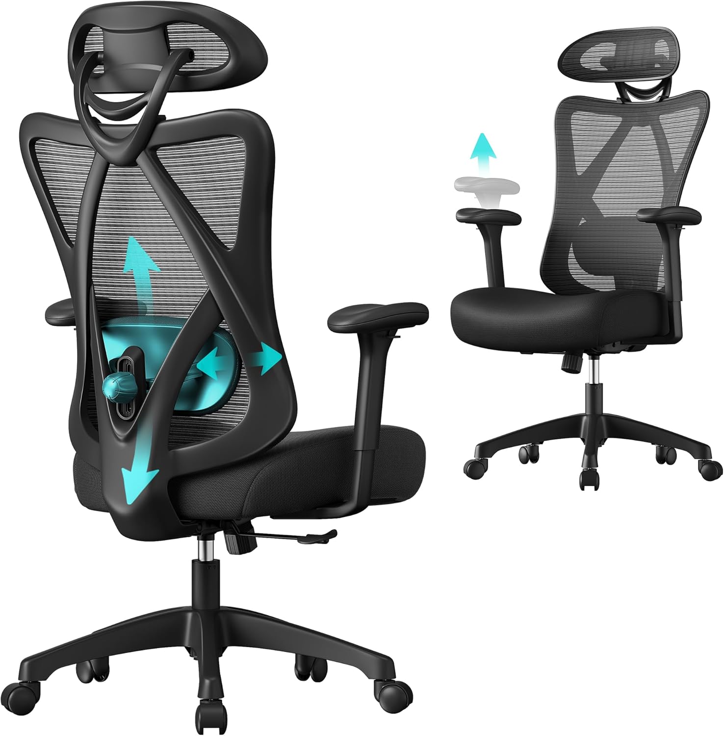 SONGMICS Ergonomikus irodai szék állítható deréktámasszal és fejtámlával, legfeljebb 120 kg teherbírással, 70 × 70 × 125 cm, fekete - Image 4