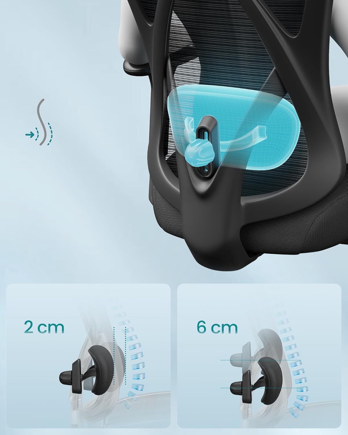 SONGMICS Ergonomikus irodai szék állítható deréktámasszal és fejtámlával, legfeljebb 120 kg teherbírással, 70 × 70 × 125 cm, fekete - Image 5