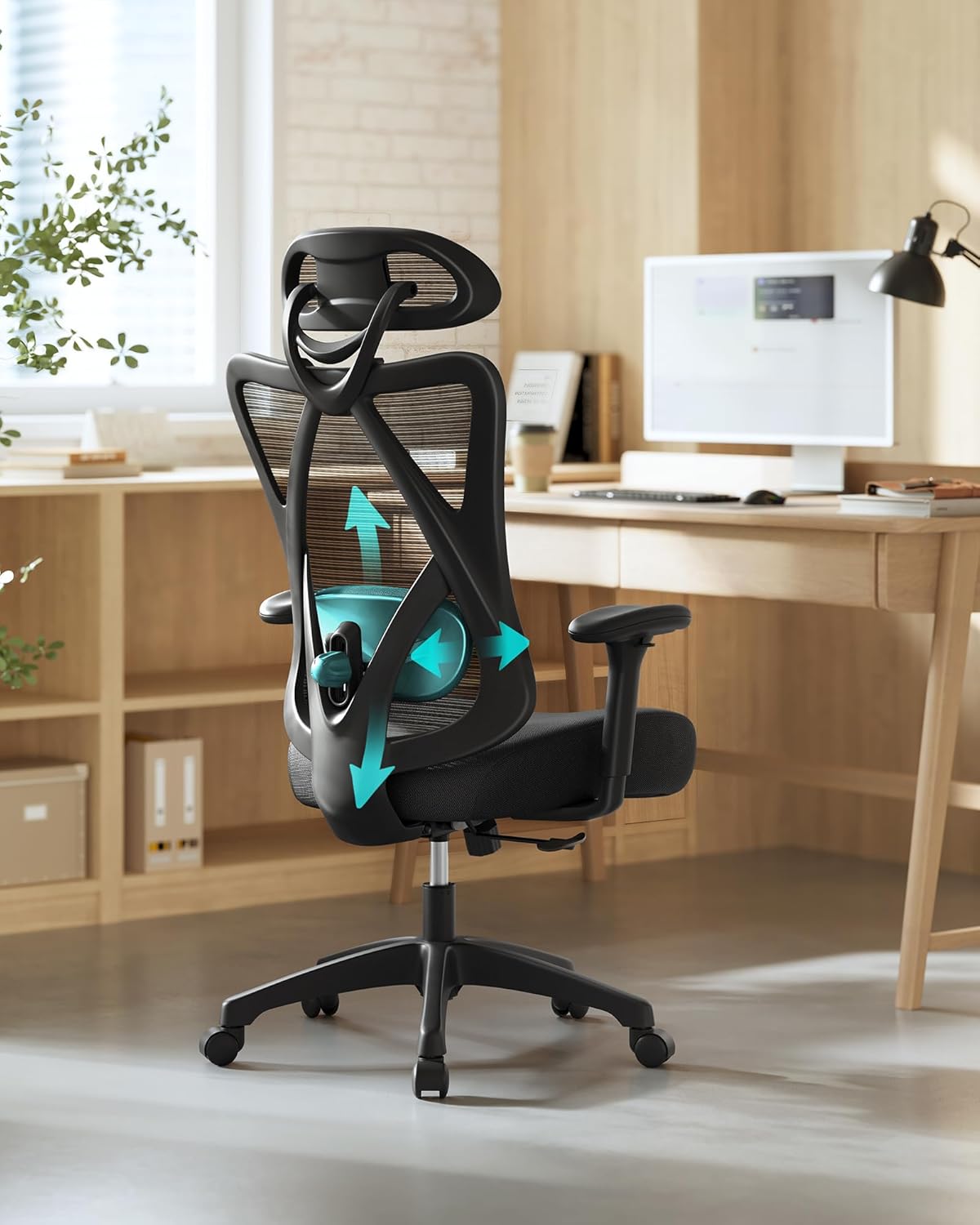 SONGMICS Ergonomikus irodai szék állítható deréktámasszal és fejtámlával, legfeljebb 120 kg teherbírással, 70 × 70 × 125 cm, fekete - Image 6