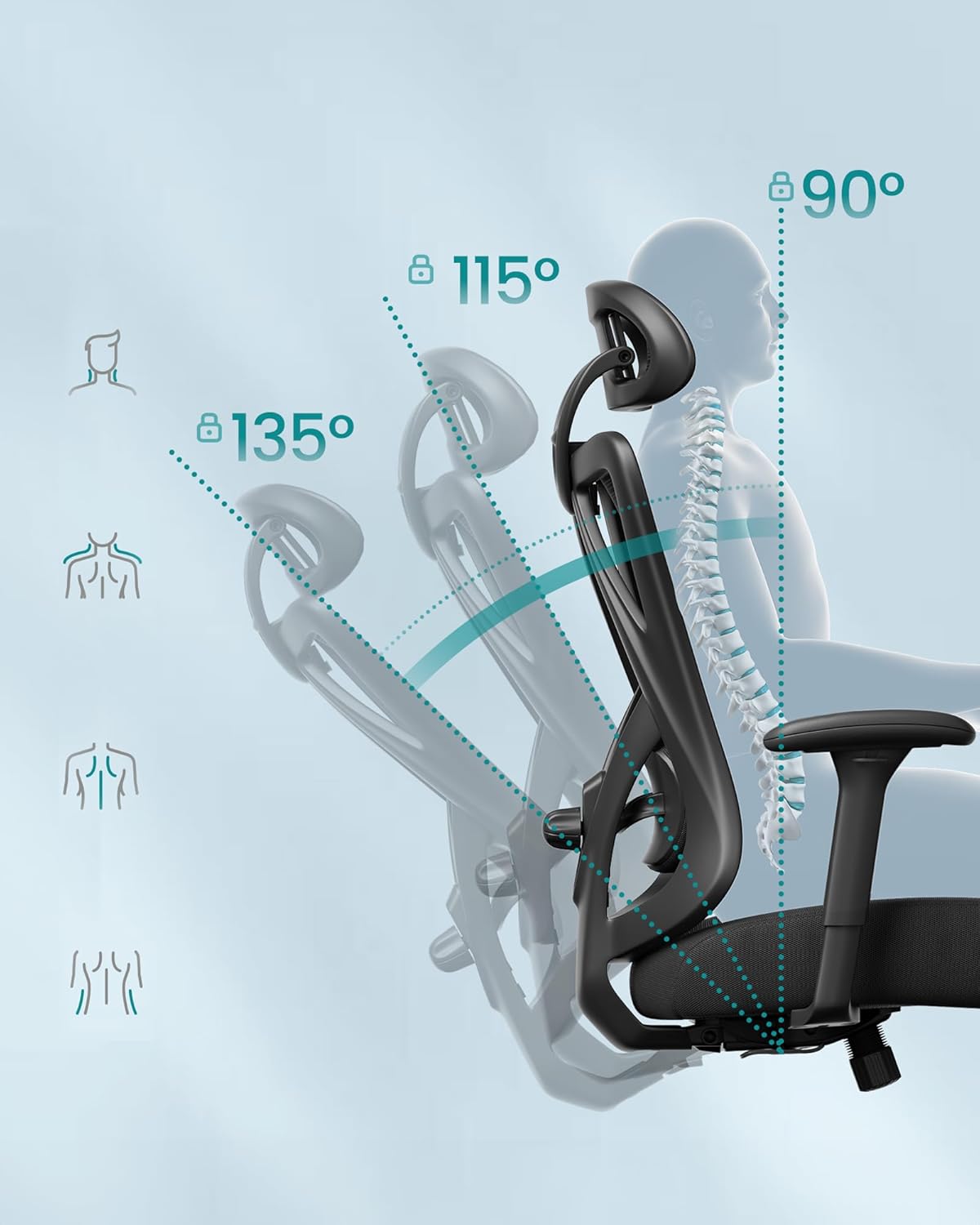 SONGMICS Ergonomikus irodai szék állítható deréktámasszal és fejtámlával, legfeljebb 120 kg teherbírással, 70 × 70 × 125 cm, fekete - Image 7