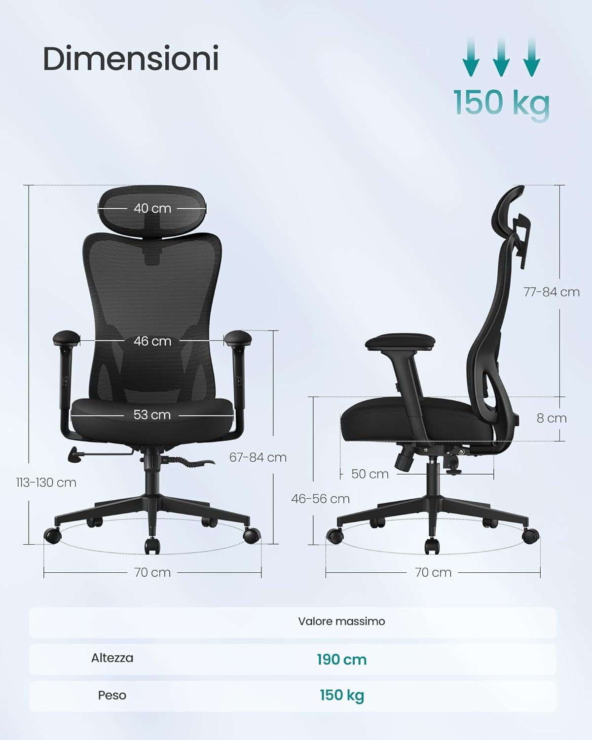 SONGMICS Ergonomikus irodai szék állítható fejtámlával és deréktámasztékkal, 70x70x113–130 cm, fekete