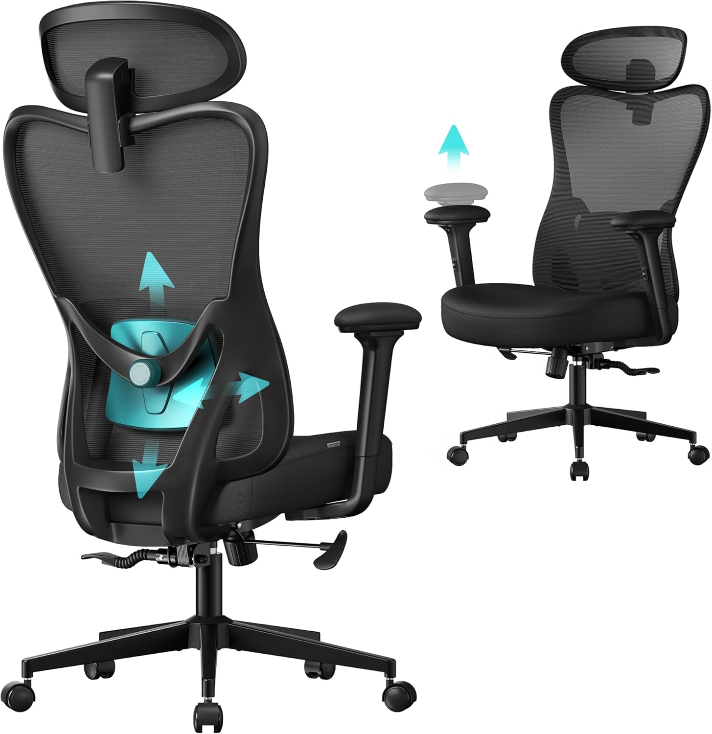 SONGMICS Ergonomikus irodai szék állítható fejtámlával és deréktámasztékkal, 70x70x113–130 cm, fekete - Image 2