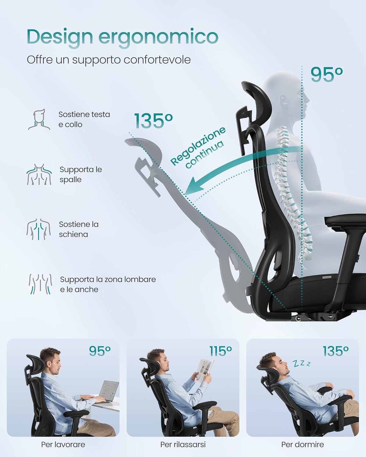 SONGMICS Ergonomikus irodai szék állítható fejtámlával és deréktámasztékkal, 70x70x113–130 cm, fekete - Image 4