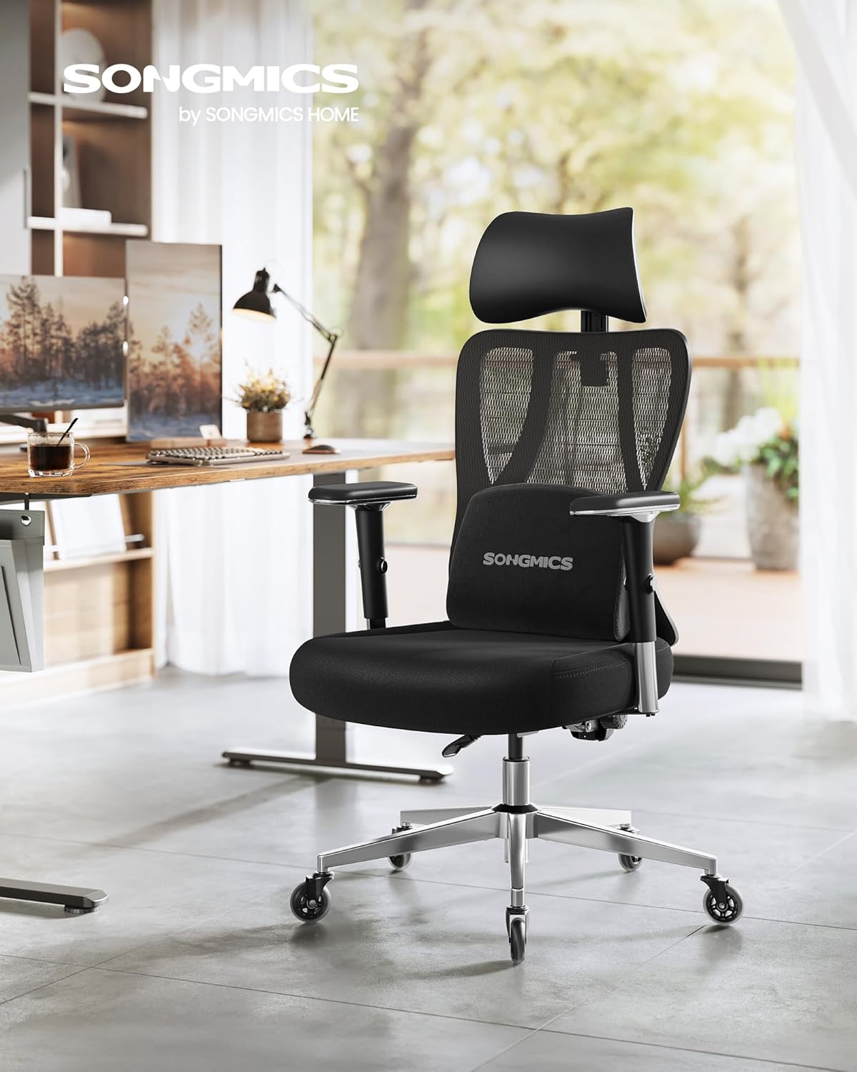 SONGMICS prémium ergonomikus irodai szék, állítható deréktámasszal, 2D fejtámlával, 4D karfákkal, 70x70x136 cm, fekete - Image 5