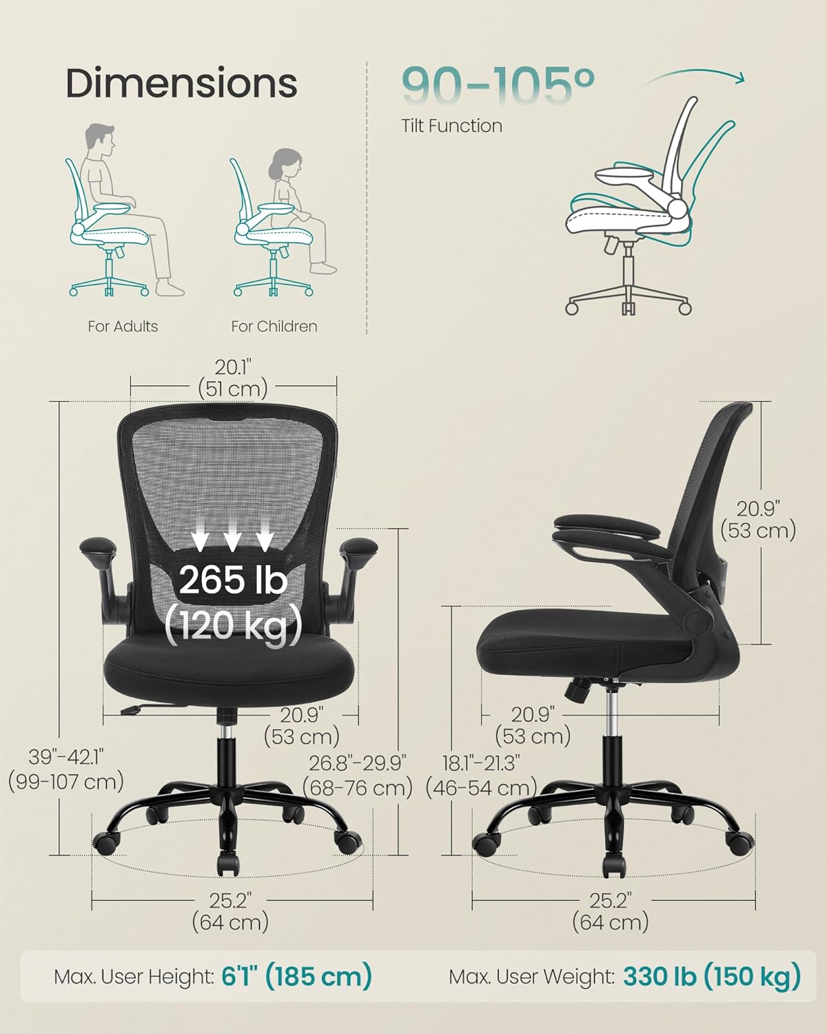 SONGMICS ergonomikus irodai szék hálós háttámlával, állítható deréktámasszal, felhajtható karfákkal, hintafunkcióval, 64x64x107 cm, fekete - Image 3