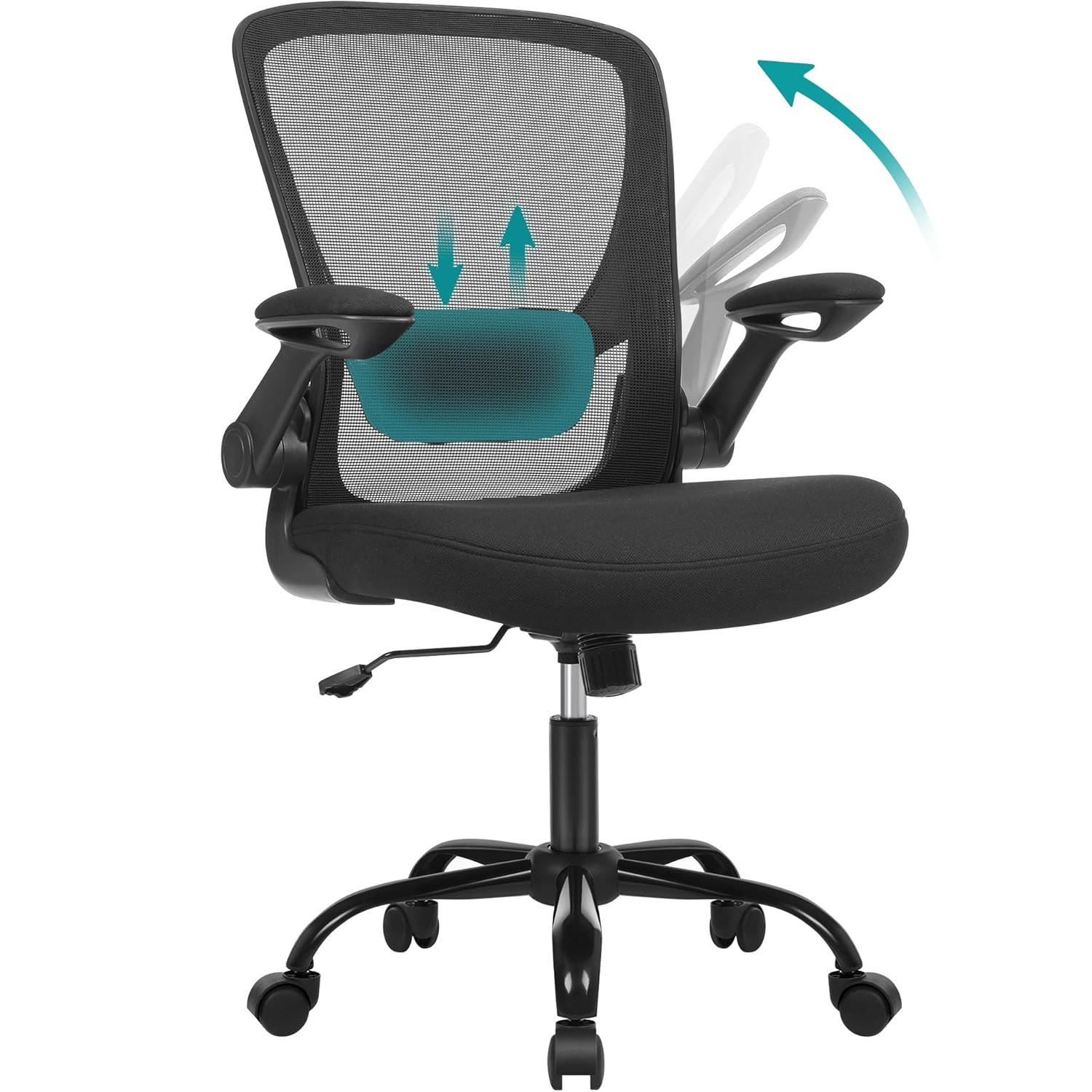 SONGMICS ergonomikus irodai szék hálós háttámlával, állítható deréktámasszal, felhajtható karfákkal, hintafunkcióval, 64x64x107 cm, fekete - Image 8