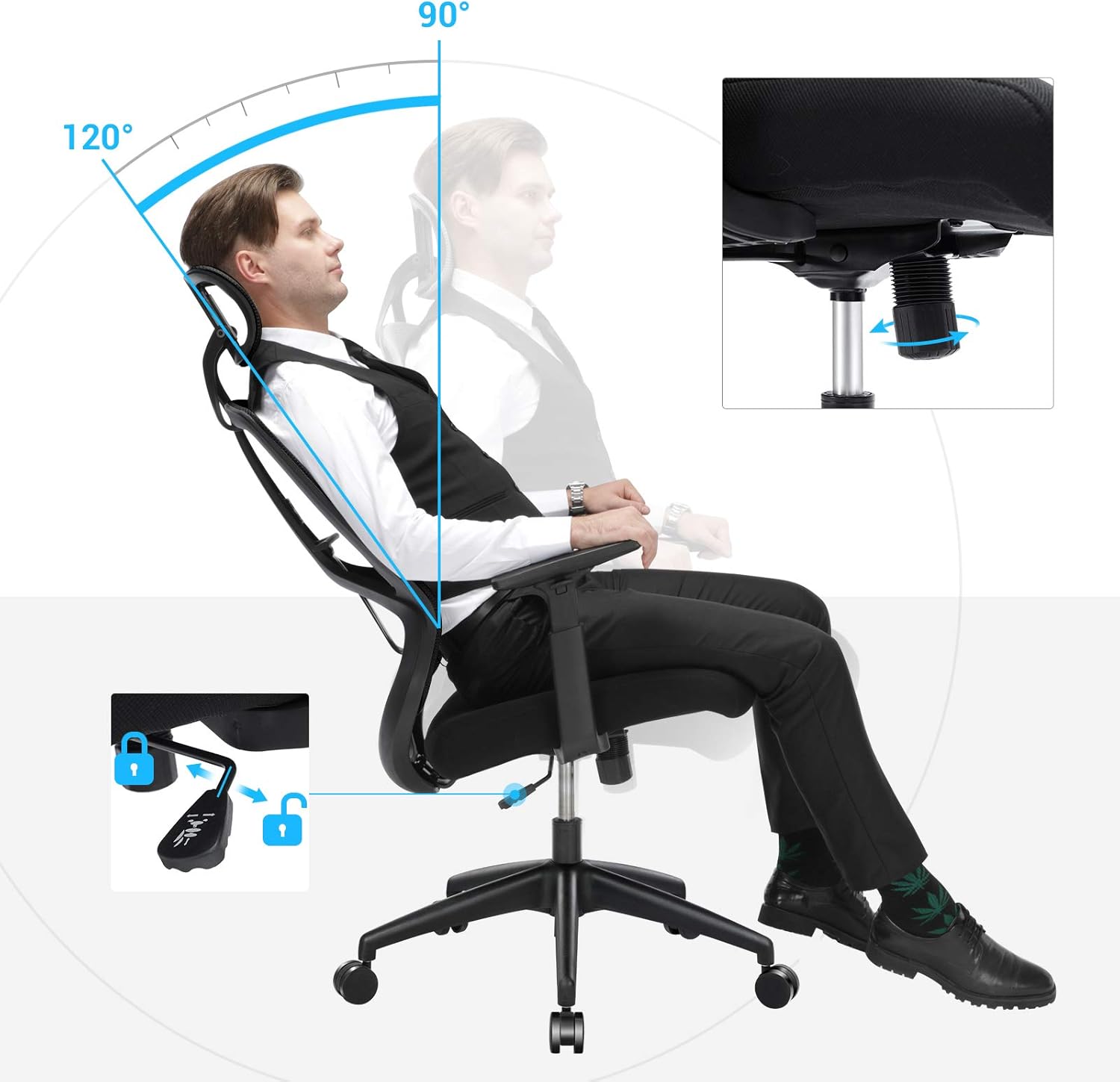 SONGMICS Ergonomikus irodai szék fejtámlával és deréktámasszal, állítható, hintamechanizmussal, legfeljebb 120 kg teherbírással, 70 × 70 × 133 cm, fekete - Image 4