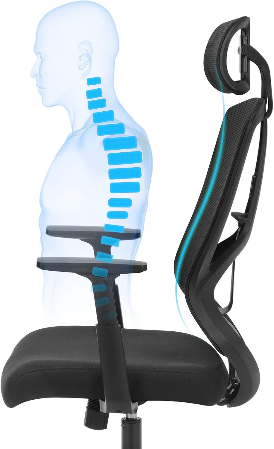 SONGMICS Ergonomikus irodai szék fejtámlával és deréktámasszal, állítható, hintamechanizmussal, legfeljebb 120 kg teherbírással, 70 × 70 × 133 cm, fekete - Image 6