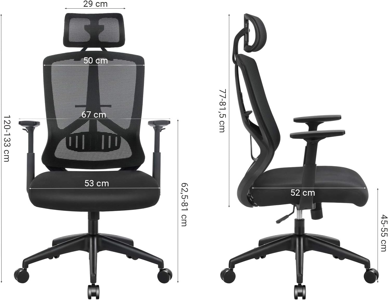 SONGMICS Ergonomikus irodai szék fejtámlával és deréktámasszal, állítható, hintamechanizmussal, legfeljebb 120 kg teherbírással, 70 × 70 × 133 cm, fekete - Image 7