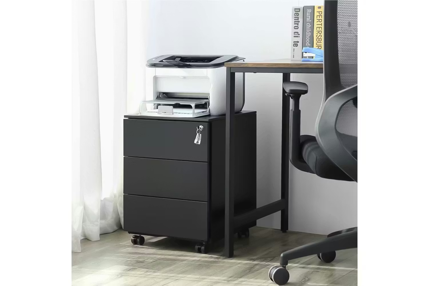 SONGMICS Mobil irodai fiókos szekrény, 3 fiókkal dokumentumokhoz, előre összeszerelt vázzal, 45 × 39 × 54 cm, fekete - Image 7