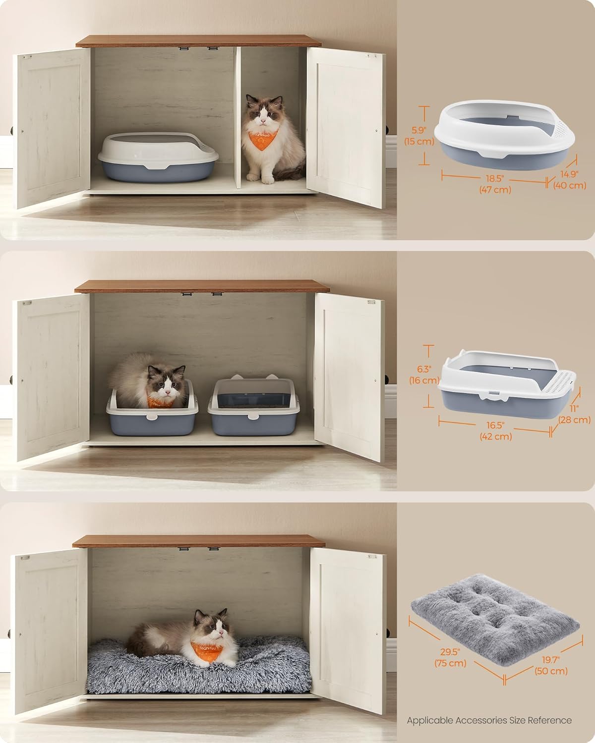 FEANDREA Litiera mascata tip mobilier cu usi model hambar, compartiment cu separator, 80x53x50 cm, alb - Image 8