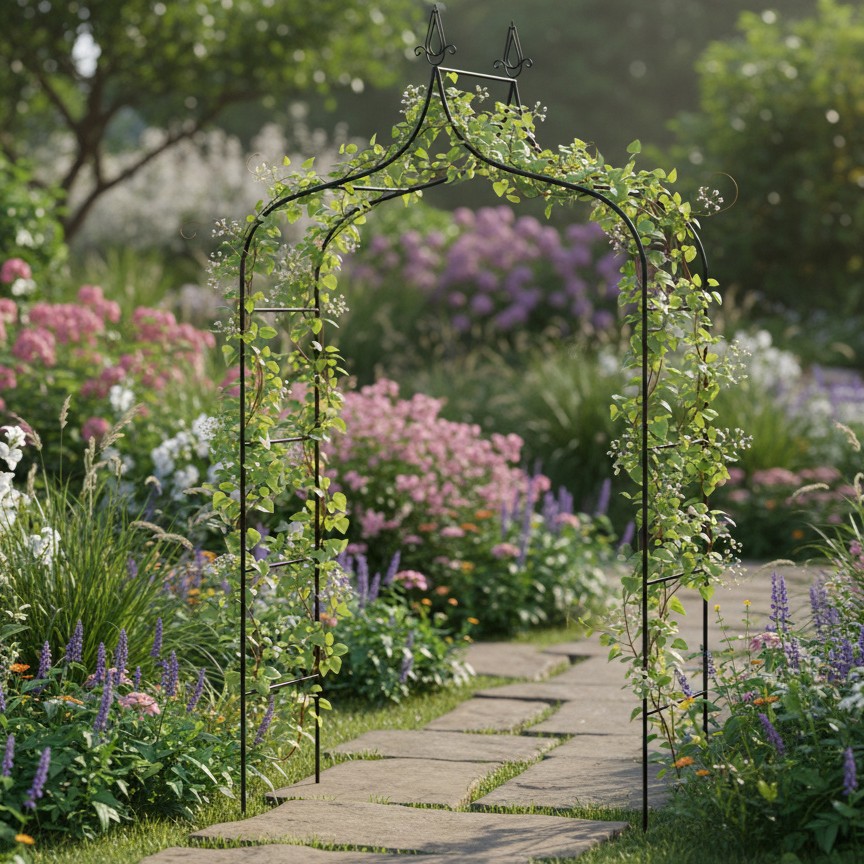 Kerti pergola dekoratív csúcsokkal, acél szerkezet, 150x37x240 cm, fekete