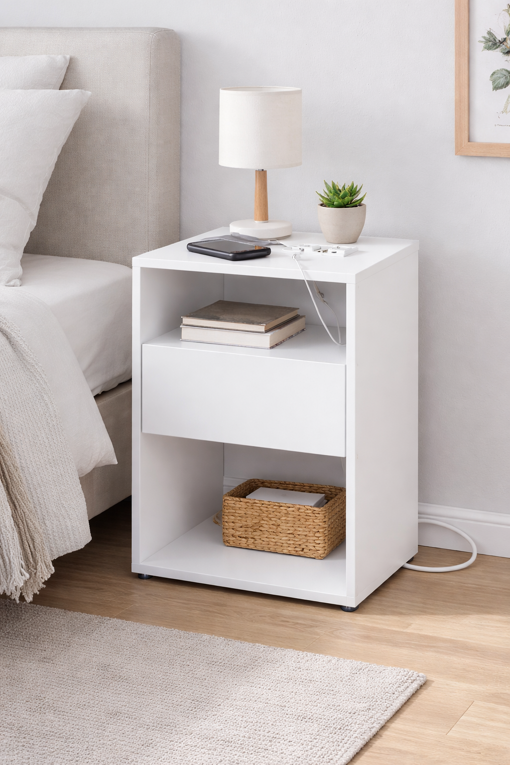 VASAGLE Éjjeliszekrény fiókkal és töltőállomással, 2 aljzat, 2 USB port, 45x35x58 cm, fehér - Image 5