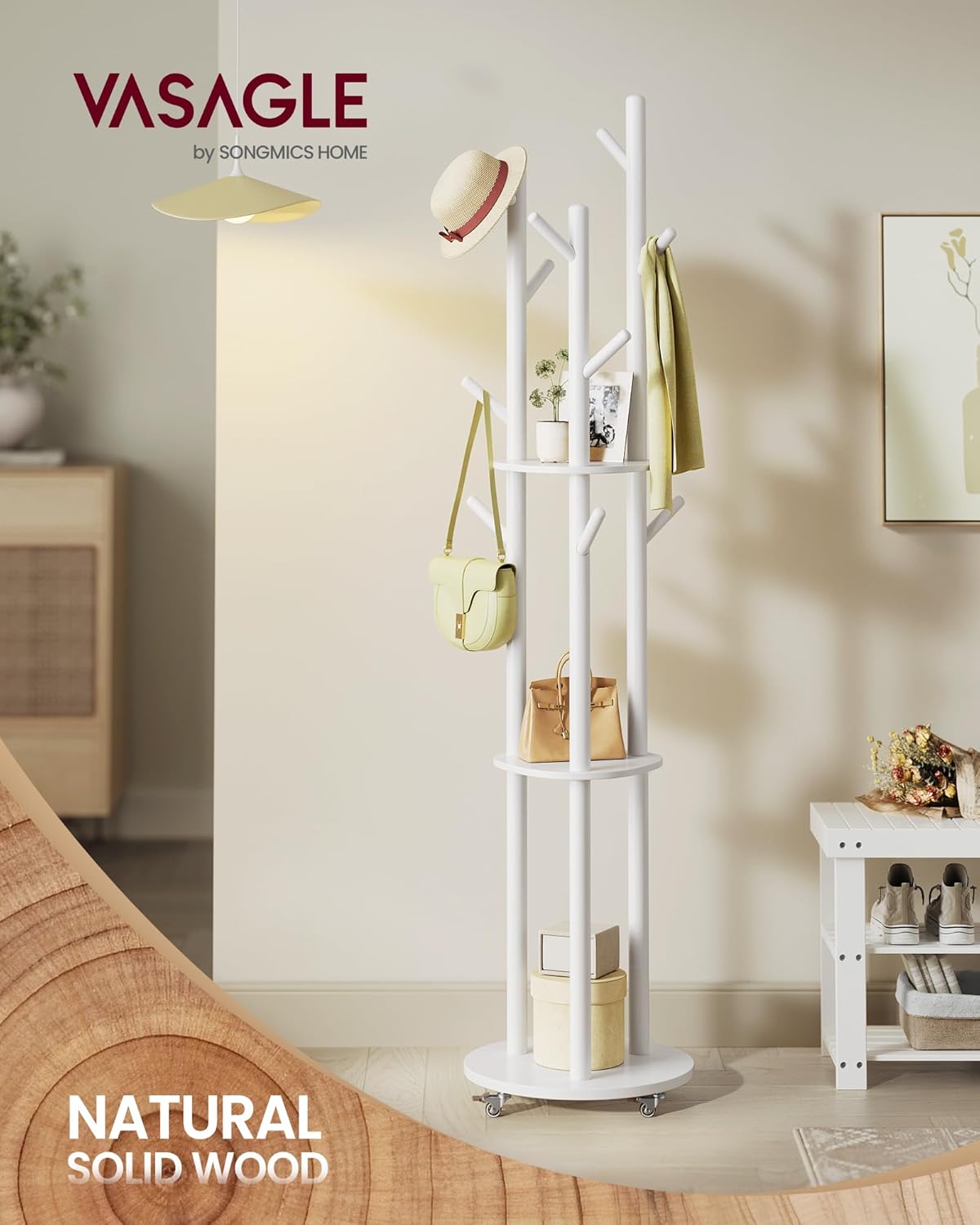 VASAGLE Tömörfa kabáttartó, 11 akasztóval és 3 polccal, 4 levehető, 360°-ban forgó kerékkel, 40x40x175 cm, fehér - Image 2
