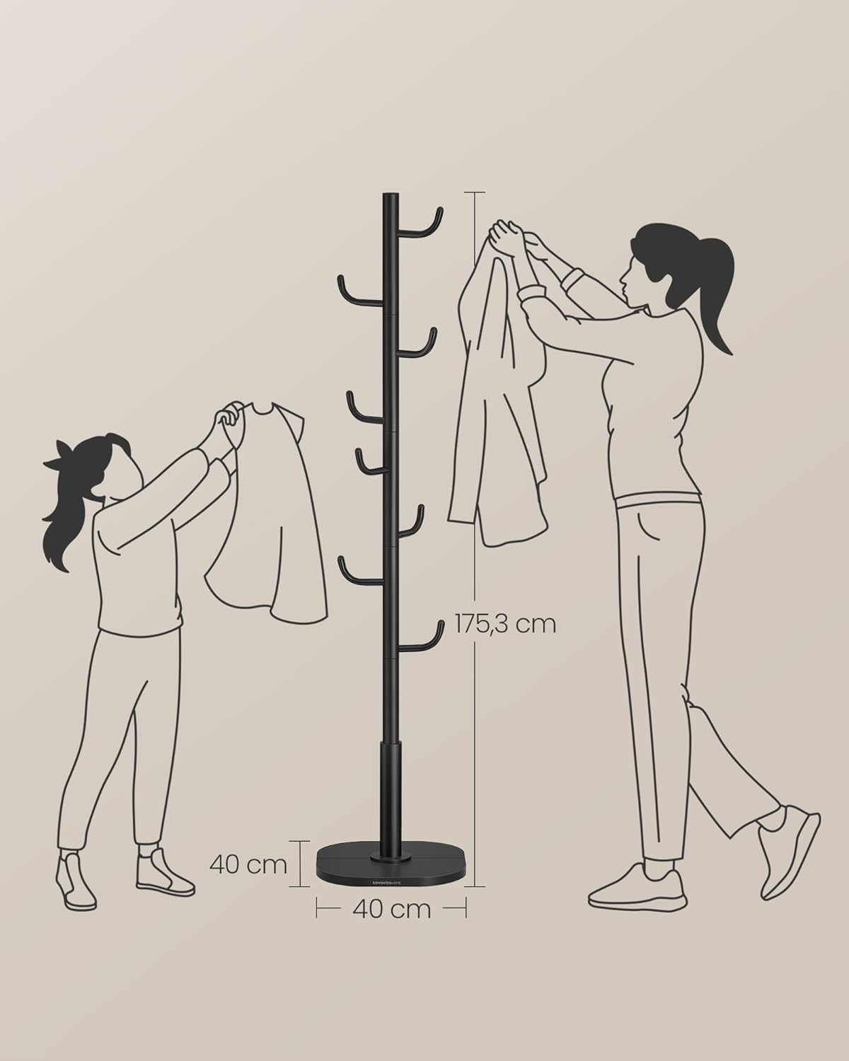 SONGMICS Állványos ruhaakasztó, 8 darab strapabíró akasztóval, ruhákhoz, sapkákhoz és táskákhoz, 175 cm, fekete - Image 3