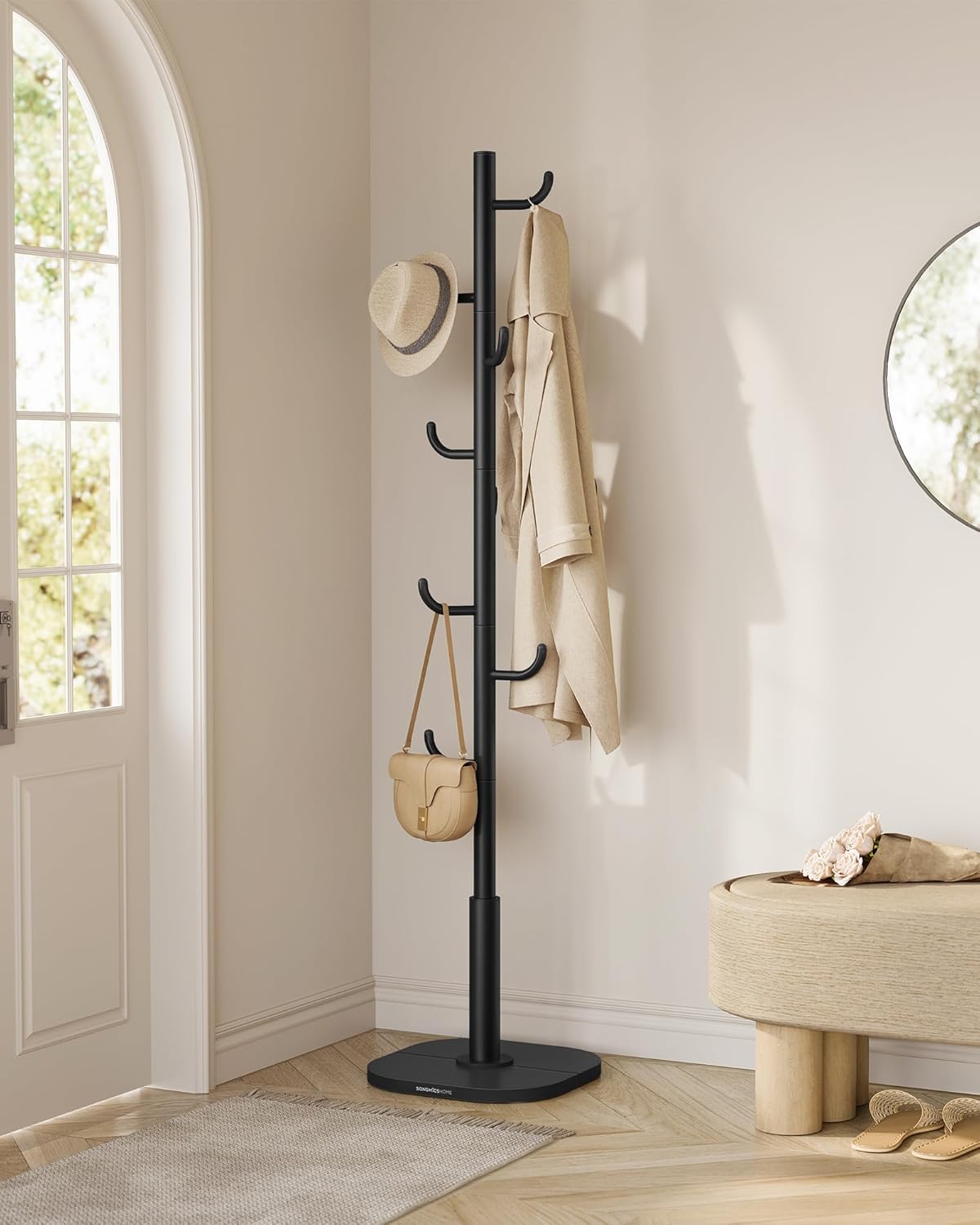 SONGMICS Állványos ruhaakasztó, 8 darab strapabíró akasztóval, ruhákhoz, sapkákhoz és táskákhoz, 175 cm, fekete - Image 4
