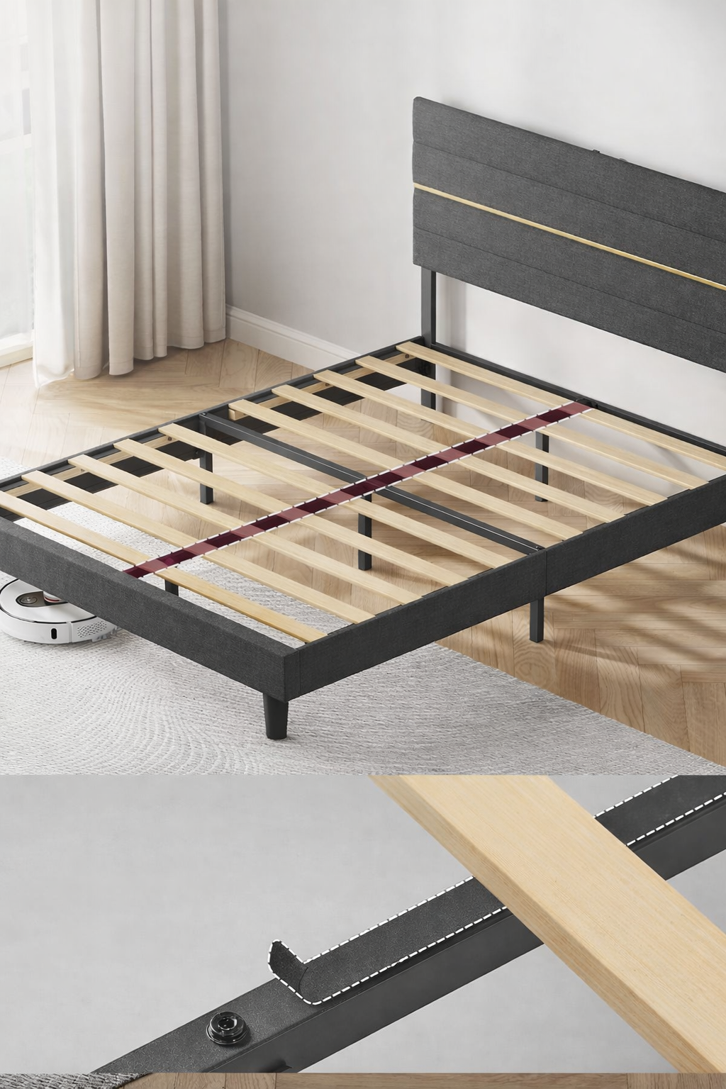 VASAGLE kárpitozott ágy 140x200 cm, párnázott fejtámlával, állítható tömörfa ágyráccsal és fém szerkezettel, sötétszürke - Image 2