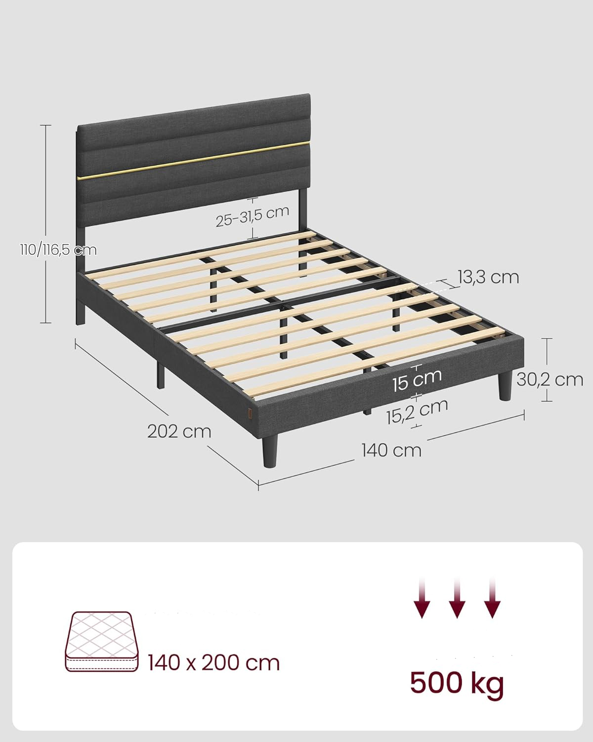 VASAGLE kárpitozott ágy 140x200 cm, párnázott fejtámlával, állítható tömörfa ágyráccsal és fém szerkezettel, sötétszürke - Image 5