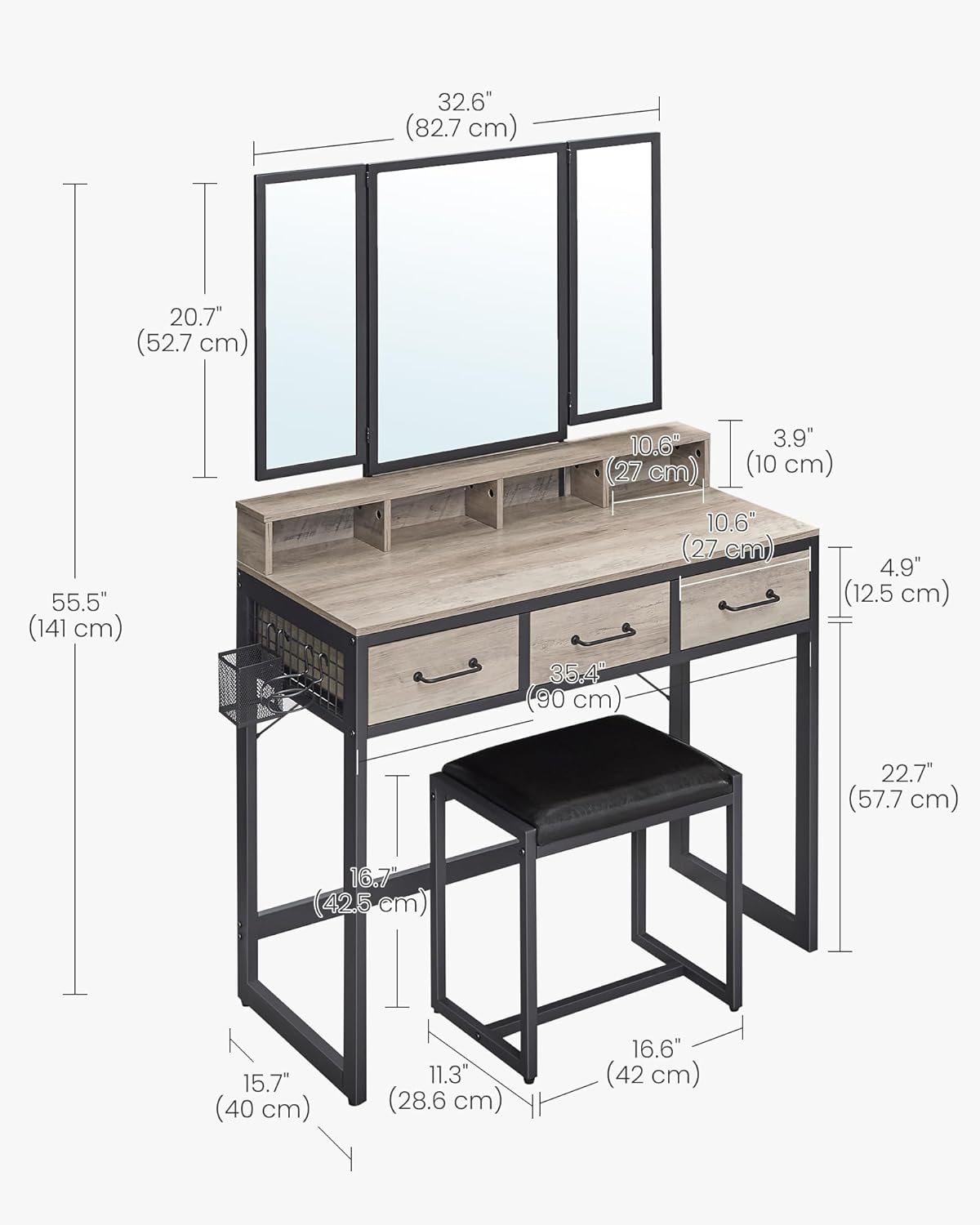 VASAGLE fésülködőasztal 90x40x141 cm, 3 fiókkal, háromrészes tükörrel és ülőkével, fa és acél szerkezettel, szürke és fekete - Image 5