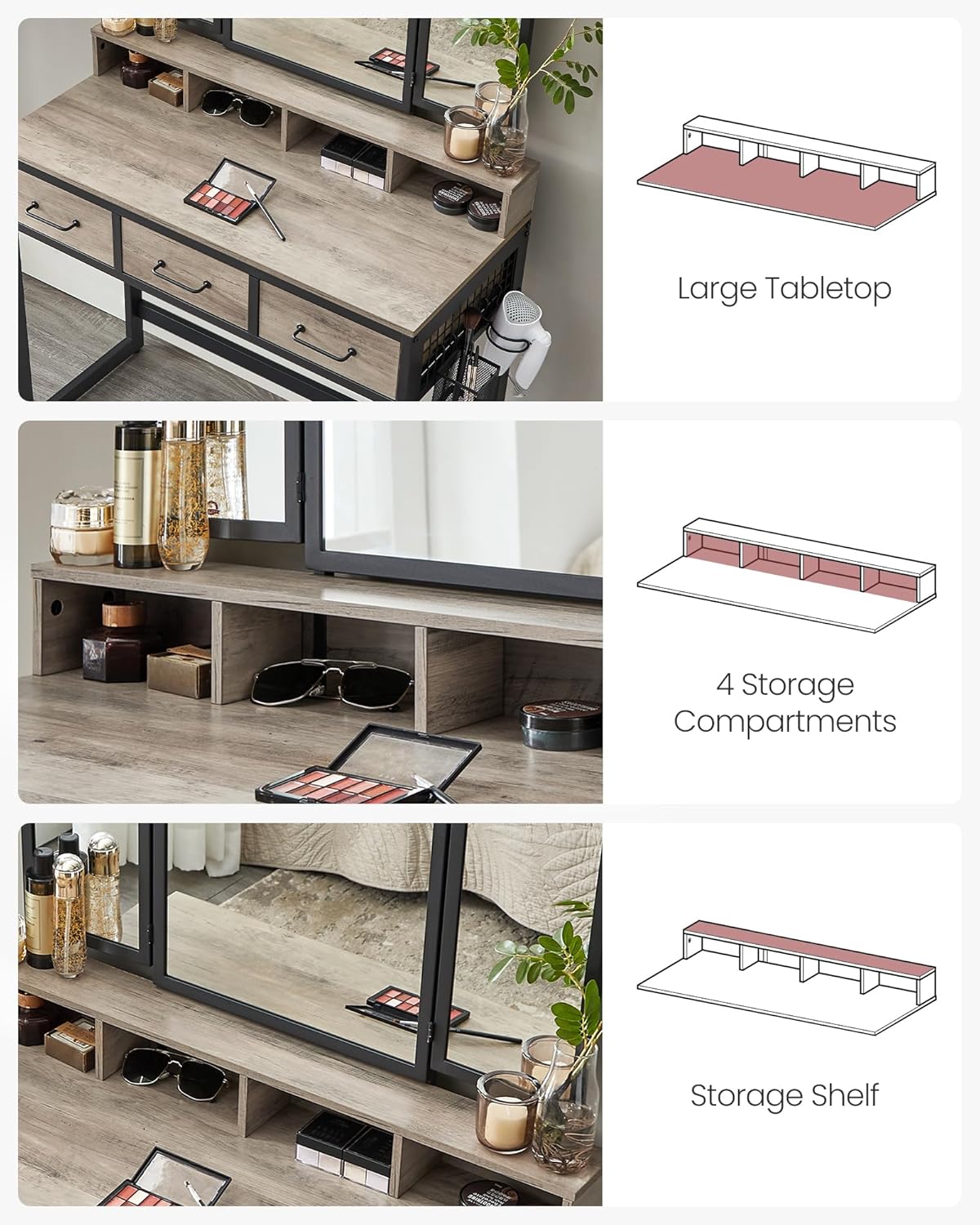 VASAGLE fésülködőasztal 90x40x141 cm, 3 fiókkal, háromrészes tükörrel és ülőkével, fa és acél szerkezettel, szürke és fekete - Image 9