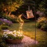 Rattan öntözőkannás kerti napelemes lámpa, 33 db meleg fehér LED, napelem, IP44, 110 cm, barna