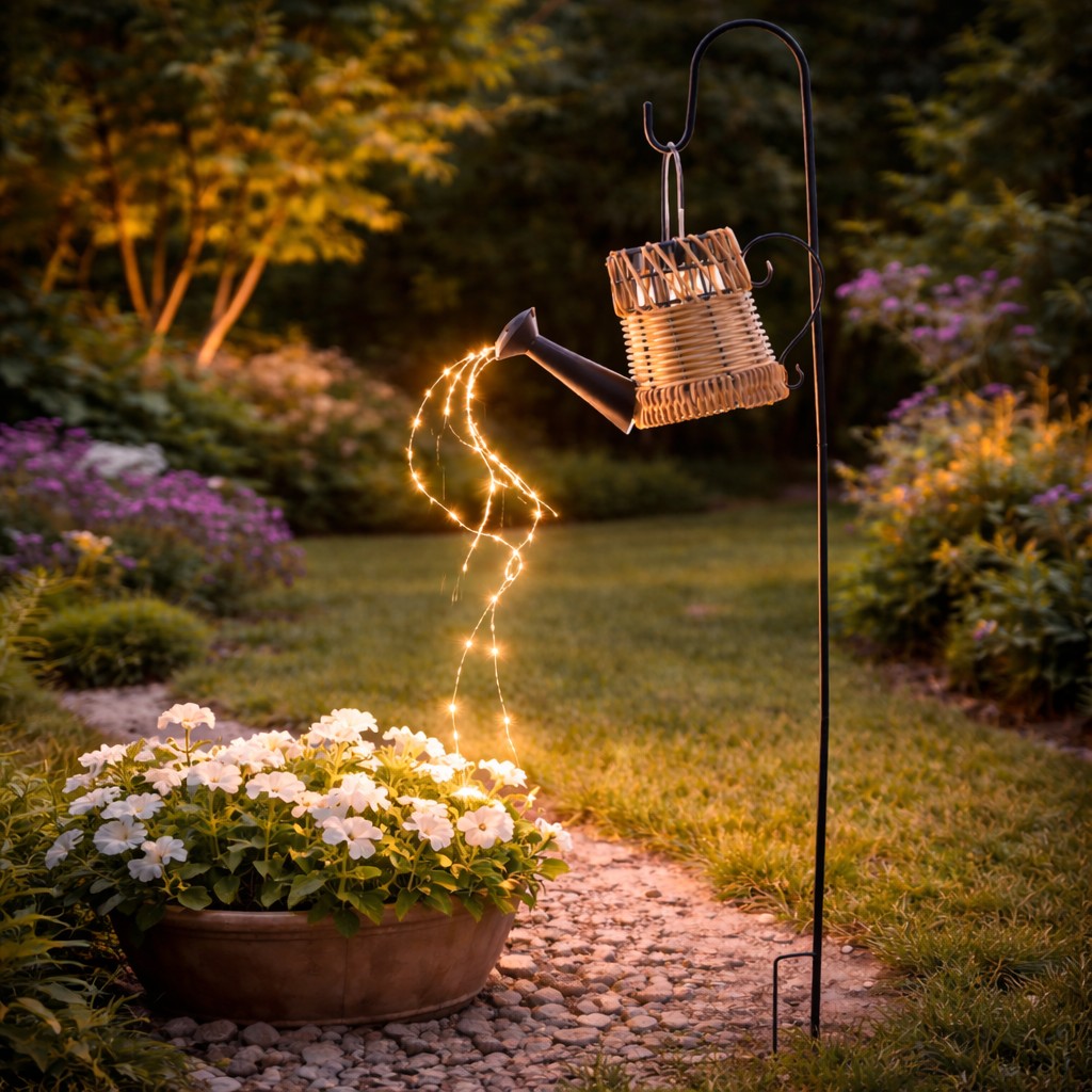 Rattan öntözőkannás kerti napelemes lámpa, 33 db meleg fehér LED, napelem, IP44, 110 cm, barna