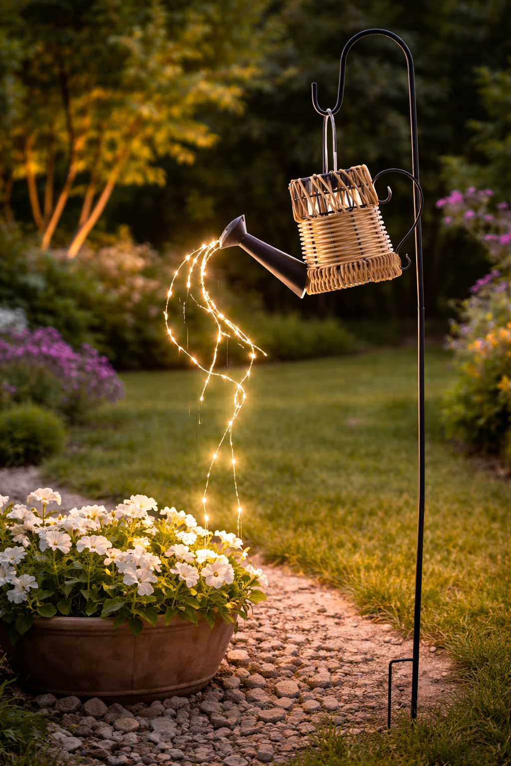 Rattan öntözőkannás kerti napelemes lámpa, 33 db meleg fehér LED, napelem, IP44, 110 cm, barna - Image 3